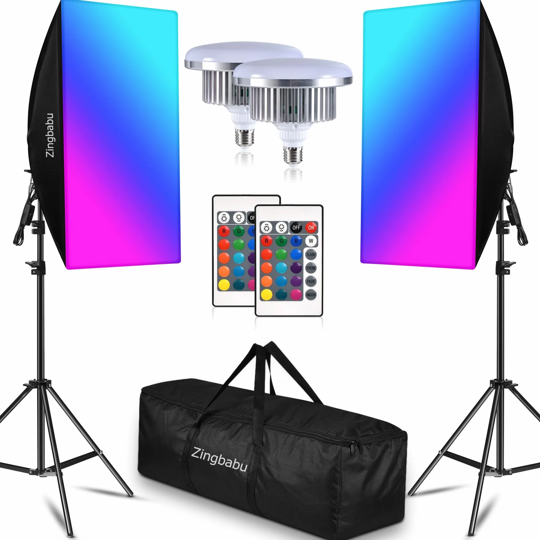 Softbox Set Fotografico, Zingbabu Photo Studio Set, 150W RGB Light 3200~6000K con 2 x 50 x 70 cm Soft Box E 2M Regolabili Stativo Fotografico Per Studio Fotografico