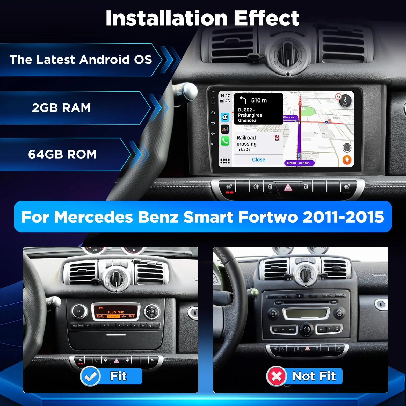 Autoradio Android per Mercedes Benz Smart Fortwo 2011-2015, 2+64G Stereo 9 Pollici con Wireless CarPlay & Android Auto, Navigatore GPS WiFi, Audio DSP, Supporto Telecamera Retromarcia AHD
