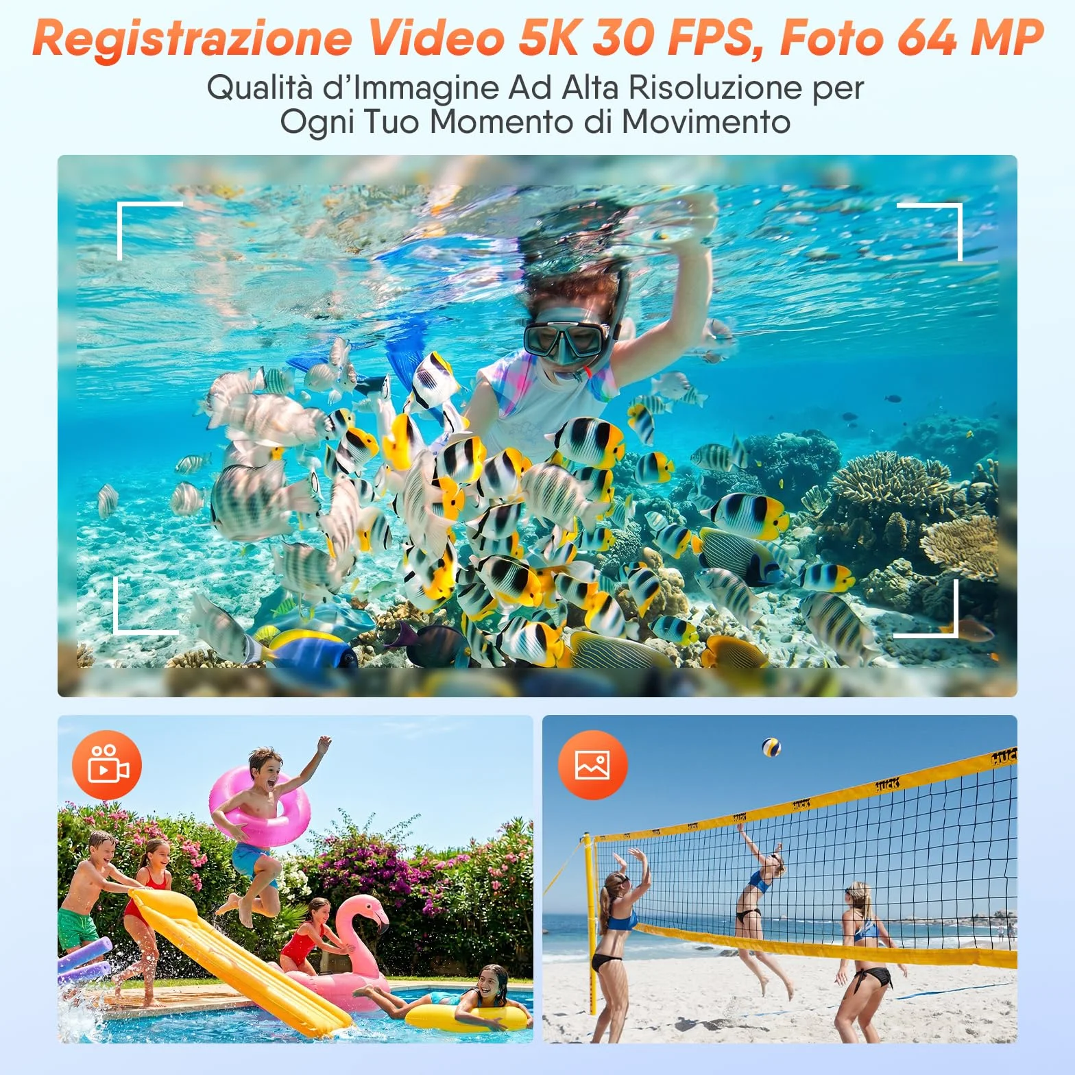 Macchina Fotografica Subacquea, Rollei Sportsline 64 Pro Fotocamera Subacquea Digitale 5K 64MP Telecamera Impermeabile con Sensore Sony 21MP Zoom Digitale 18X per Snorkeling Immersioni Nuoto