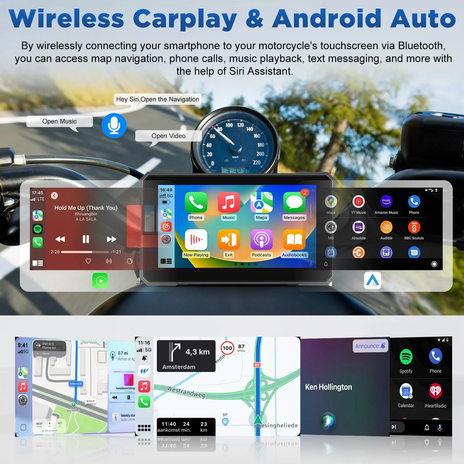 5 Pollici Navigatore Moto con Wireless CarPlay e Android Auto, Impermeabile IP67, Monitoraggio Della Pressione Dei Pneumatici, Navigazione GPS e Controllo Vocale - per Tutte le Motociclette