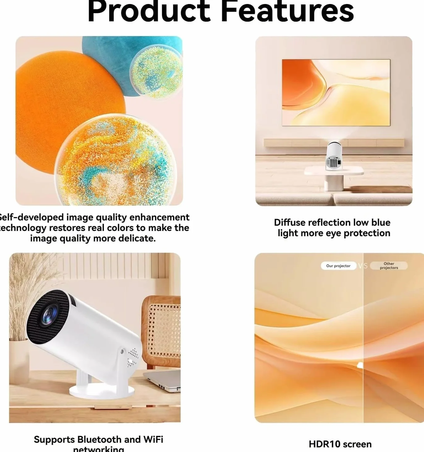Mini proiettore Intelligente da 210°, proiettore di Film Intelligente 4K, Altoparlante Integrato, WiFi e Bluetooth, Oltre 20 Scene di finestre, for Camera da Letto o Soggiorno