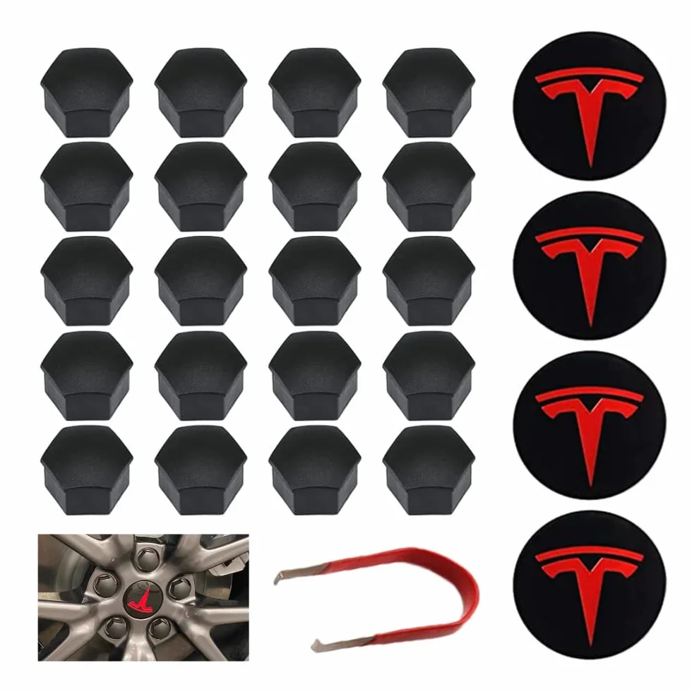 Set Coprimozzo e Copridadi Ruota Magic Select, compatibile con TESLA Model 3 Car. Kit Coprimozzo e Tappi Dadi Ruota Cerchione. (4 coprimozzi + 20 pezzi di cappuccio dado ruota)