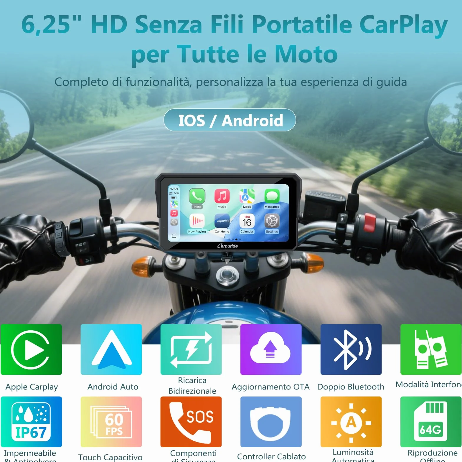 Carpuride W602S Pro Moto Carplay Schermo con BM05 per Plug-and-Play, Senza Fili CarPlay e Android Auto, 6,25" Impermeabile Touchscreen, OTA, Doppio Bluetooth, Interfono Funzione, Cablato Controller.