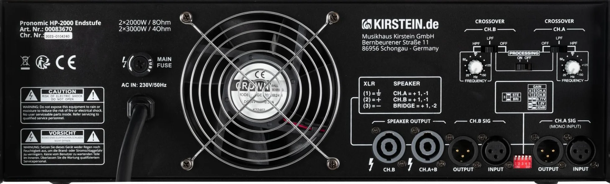 Pronomic HP-2000 Finale 2x 3000 Watt - Potenza in uscita (4 Ohm): 2x 3000 Watt - Filtri passa-alto/basso commutabili con frequenza crossover regolabile - Guadagno d'ingresso selezionabile - Nero