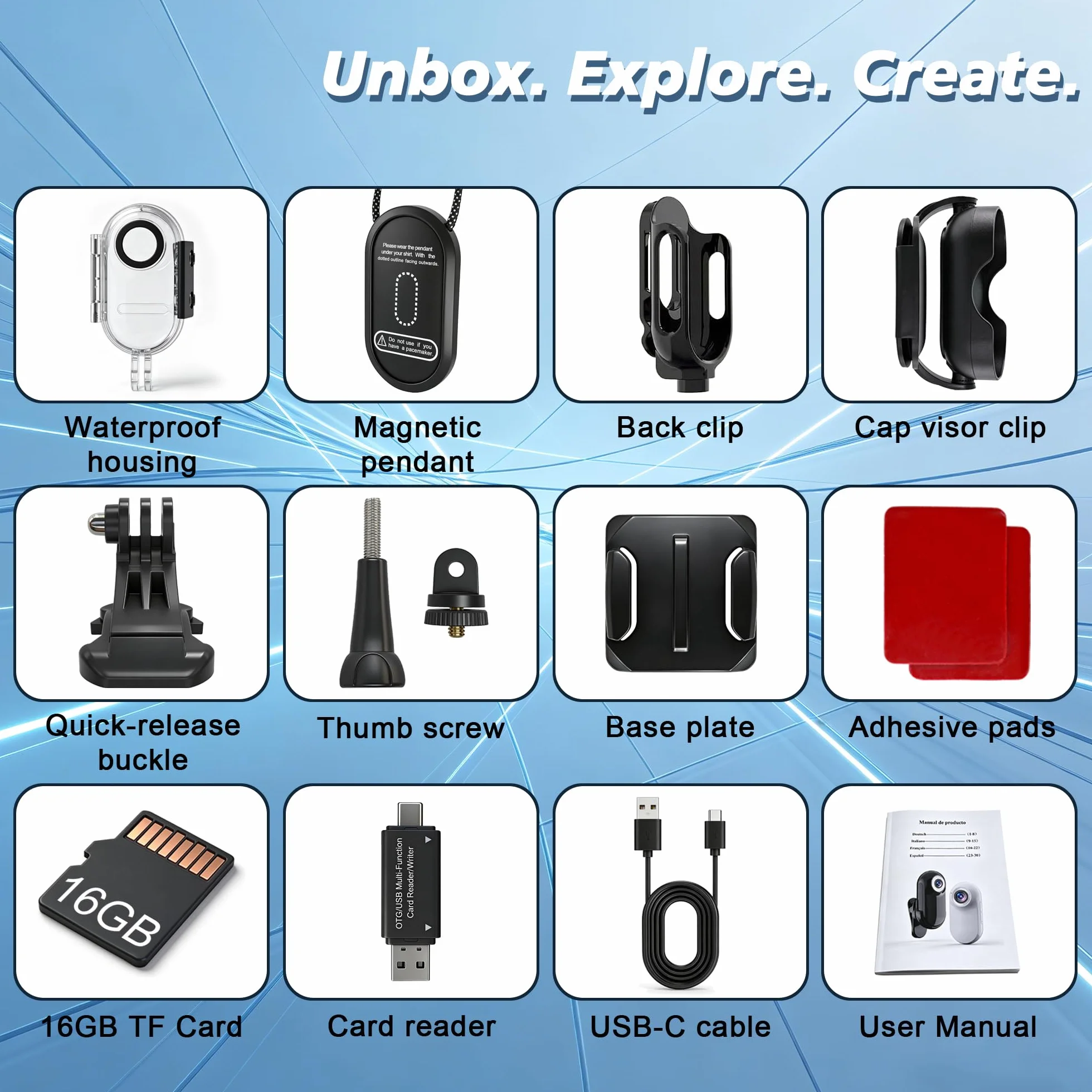 Mini Body Cam con Ciondolo Magnetico, Action Cam con Custodia Subacquea, Telecamera Indossabile con Scheda Memoria per Snorkeling, POV Camera per Casco Moto, Bici, Sport Estremi e Vlogging (Nero)