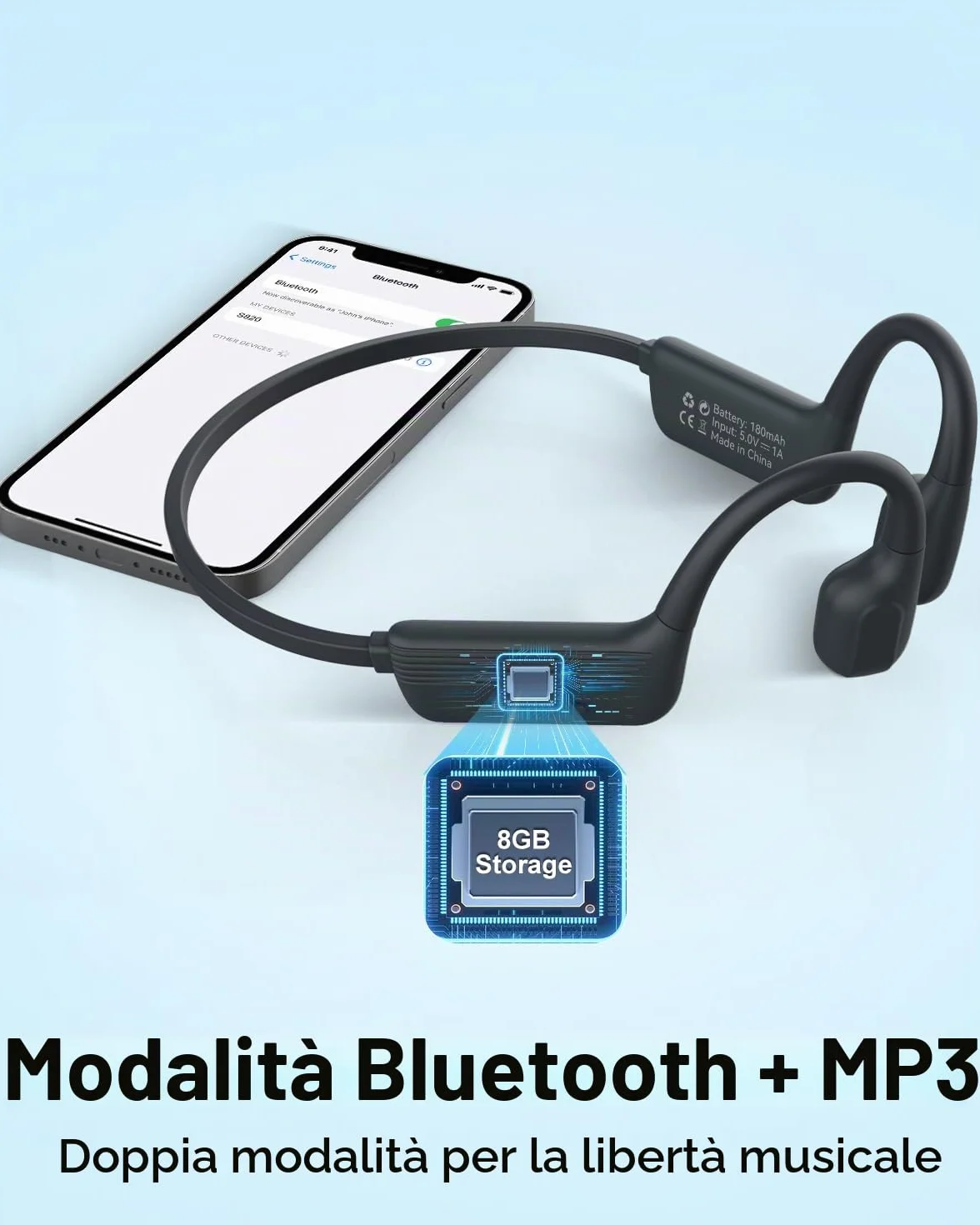 MONODEAL Cuffie da nuoto IP68 impermeabili con suono osseo Bluetooth 5.4, cuffie Bone Conduction Headphones con memoria lettore MP3 da 8 GB, cuffie aperte per nuoto corsa