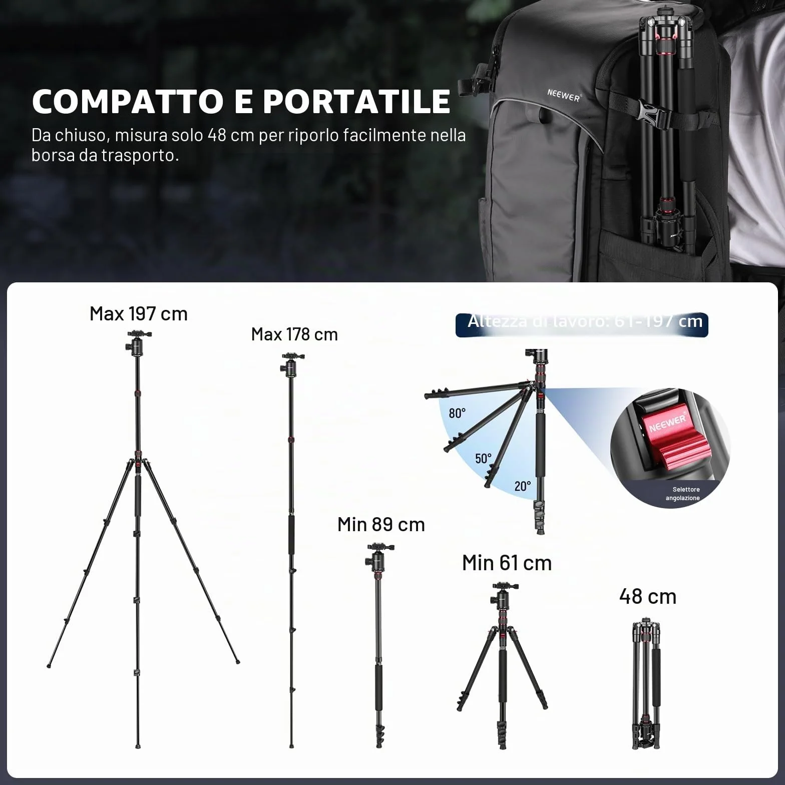 NEEWER 77'' Treppiede Fotocamera, Treppiede Monopiede Pieghevole Alluminio DSLR, Telefono con Testa a Sfera Panoramica 360°, Colonna Centrale a 2 Assi, Piastra Arca QR e Borsa, Carico Max 34lb, TP77