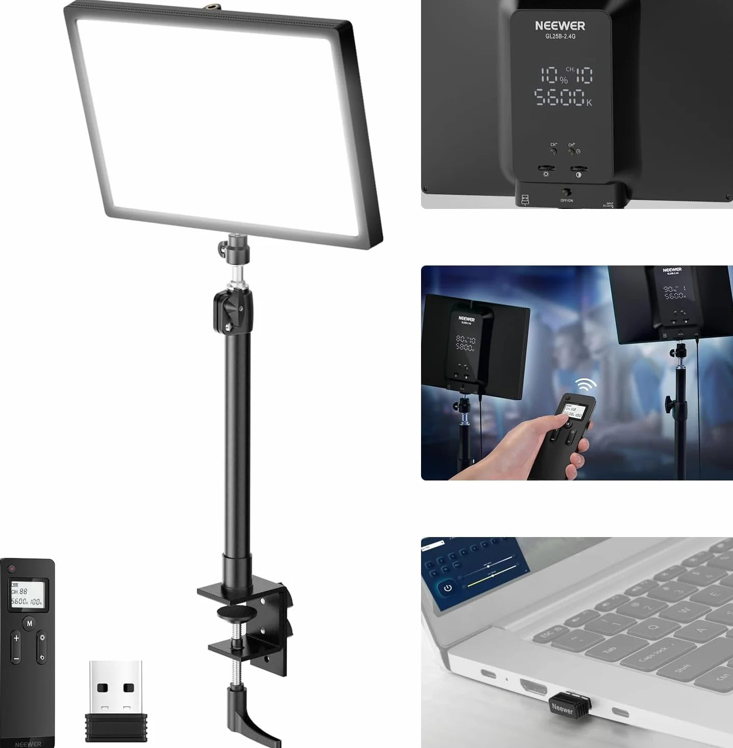 NEEWER 25W 12,9" Key Light Streaming con Supporto Tavolo/Remoto 2.4G/Trasmettitore USB Controllo APP PC/Mac 2300Lx/0,5m 2900-7000K CRI98+ Pannello Luce Video Dimmerabile per Webcam Laptop Zoom,GL25B