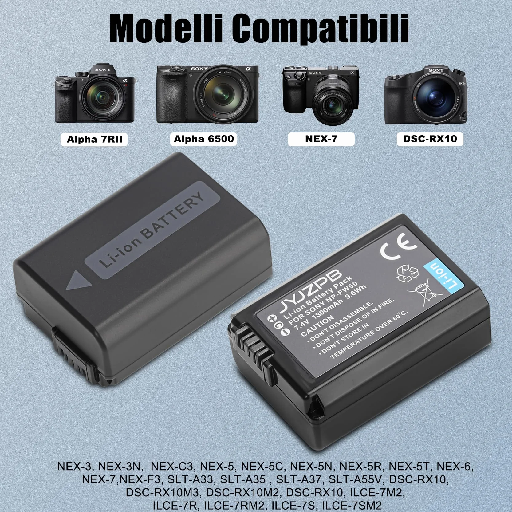 JYJZPB NP-FW50 Batteria di Ricambio e Caricabatteria per Sony ZV-E10 Alpha A6400L A6000 A6400 A6500 A6300 A6100 A7 A7II A7RII A7SII A7S A7S2 A7R A7R2 A5100