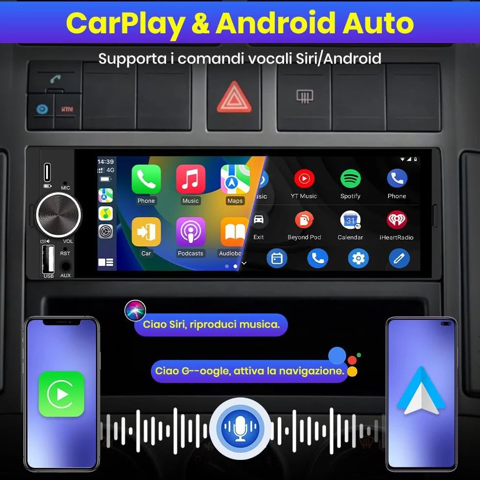 Autoradio 1 DIN con Schermo 6,28 pollici Car Radio Wireless CarPlay Android Auto Bluetooth FM AM RDS GPS AUX Tipo-C