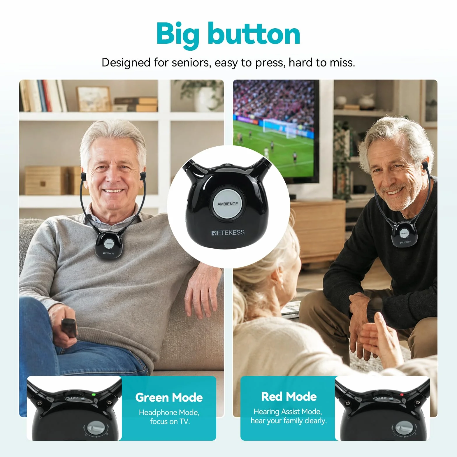 Retekess TA008 Cuffie Per Tv, Cuffie Per Tv Senza Fili Per Anziani, 2,4 G a Bassa Latenza, Amplificatore Uditivo, Doppia Batteria - 10 Ore Di Utilizzo, Amplificazione Del Suono TV Per Anziani