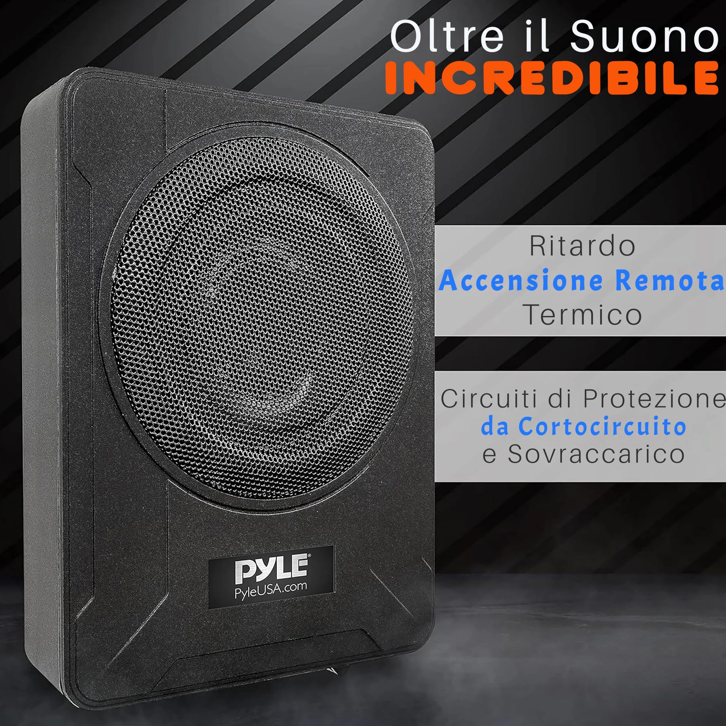 Pyle Subwoofer Amplificato da 20 Centimetri per Casse Auto, 600 Watt, Compatto e Attivo, Sottosella con Amplificatore Integrato, Nero