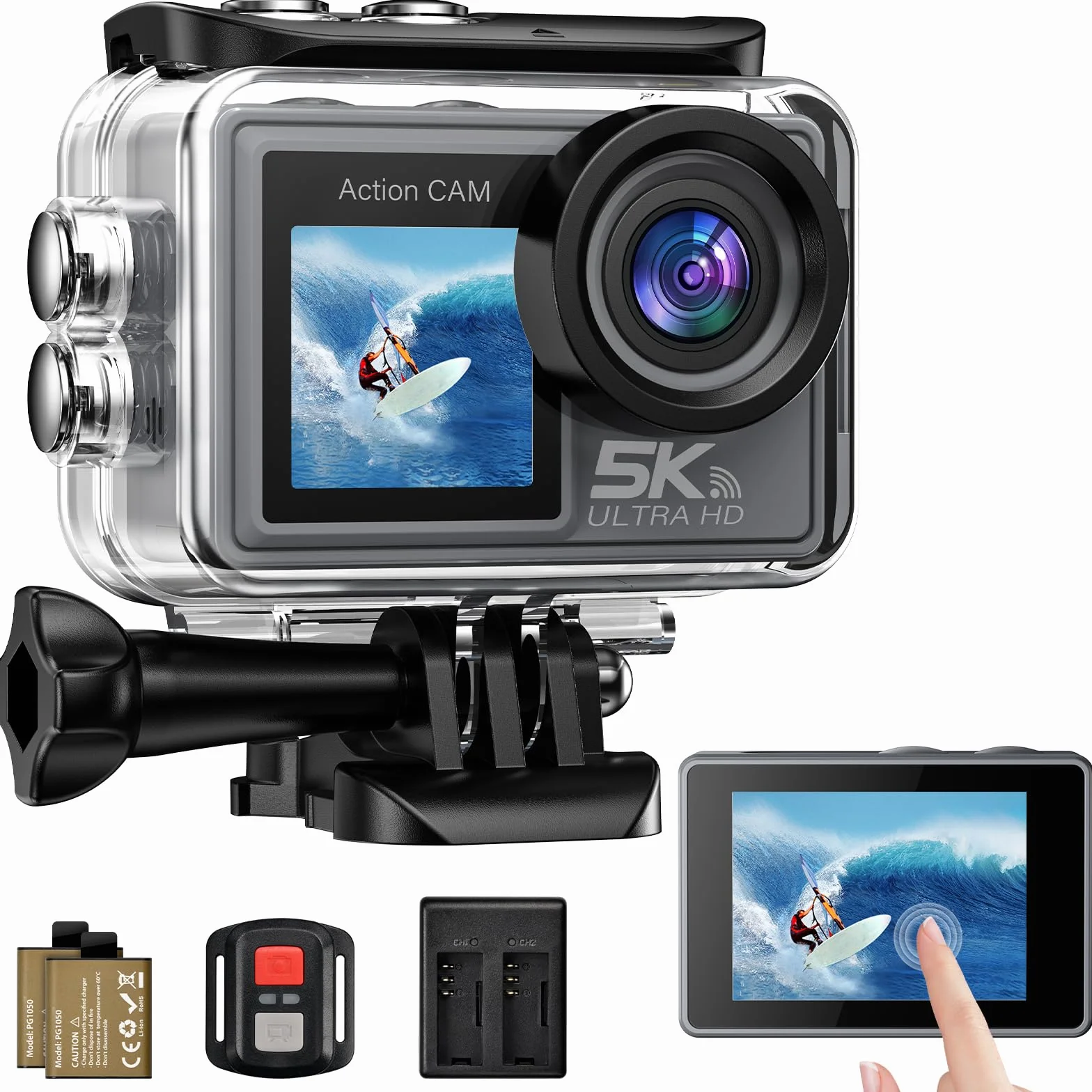 Action Cam 5K/4K 50MP Fotocamera Subacquea con scheda SD da 64 GB, Dual Screen Videocamera con Stabilizzatore EIS, WiFi, 2 Batterie, Grandangolo 170° per Immersioni, Vlog, telecamera moto