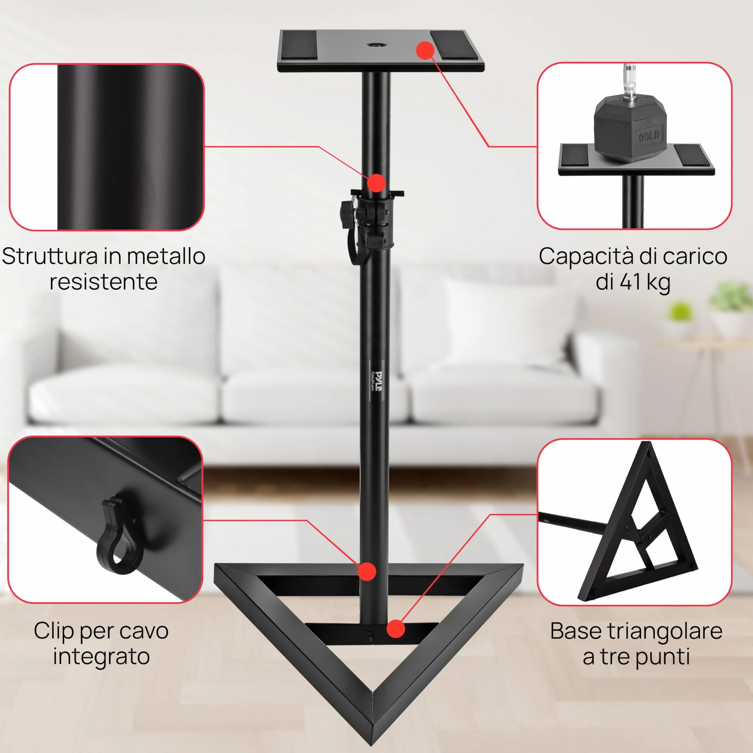 Pyle Stativi per Casse Altezza Telescopica Regolabile 66-132 cm Base Triangolare Piattaforma Quadrata 23 cm Supporto Altoparlanti
