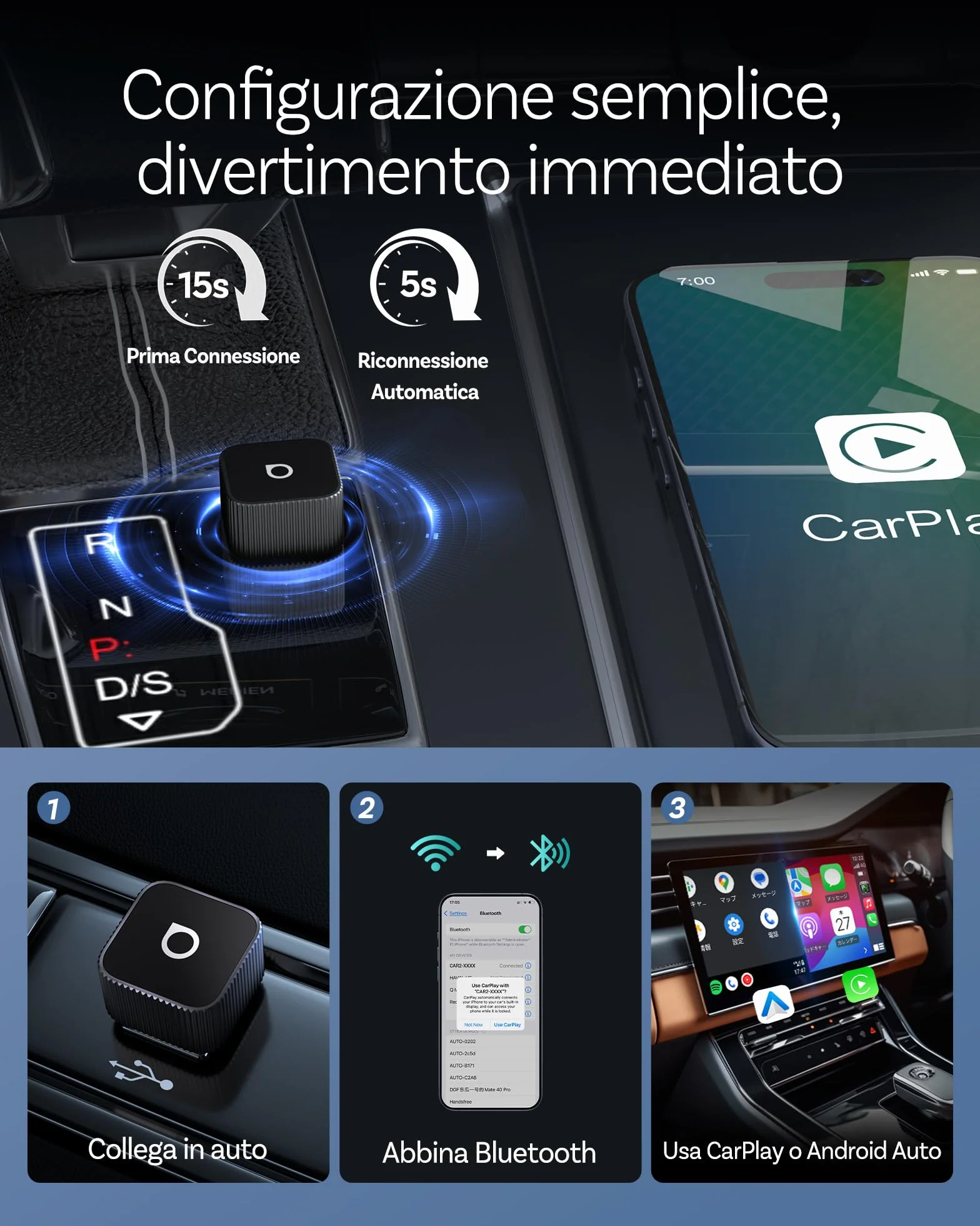 OTTOCAST MINI 3.0 Slim 2026 Adattatore CarPlay Wireless 2-in-1 iPhone Android Auto Connessione rapida Nero