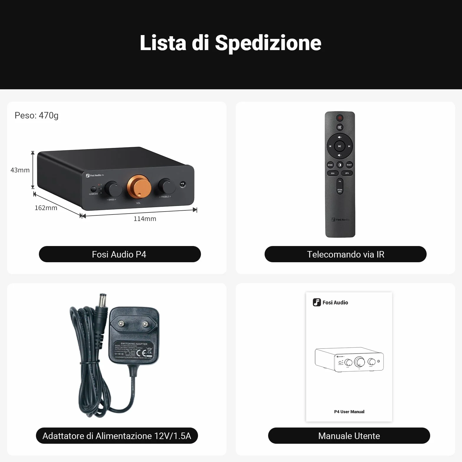 Fosi Audio P4 Mini Preamplificatore Stereo con 3 Ingressi RCA, Guadagno Regolabile 3/6/9 dB, Controlli Bassi e Alti