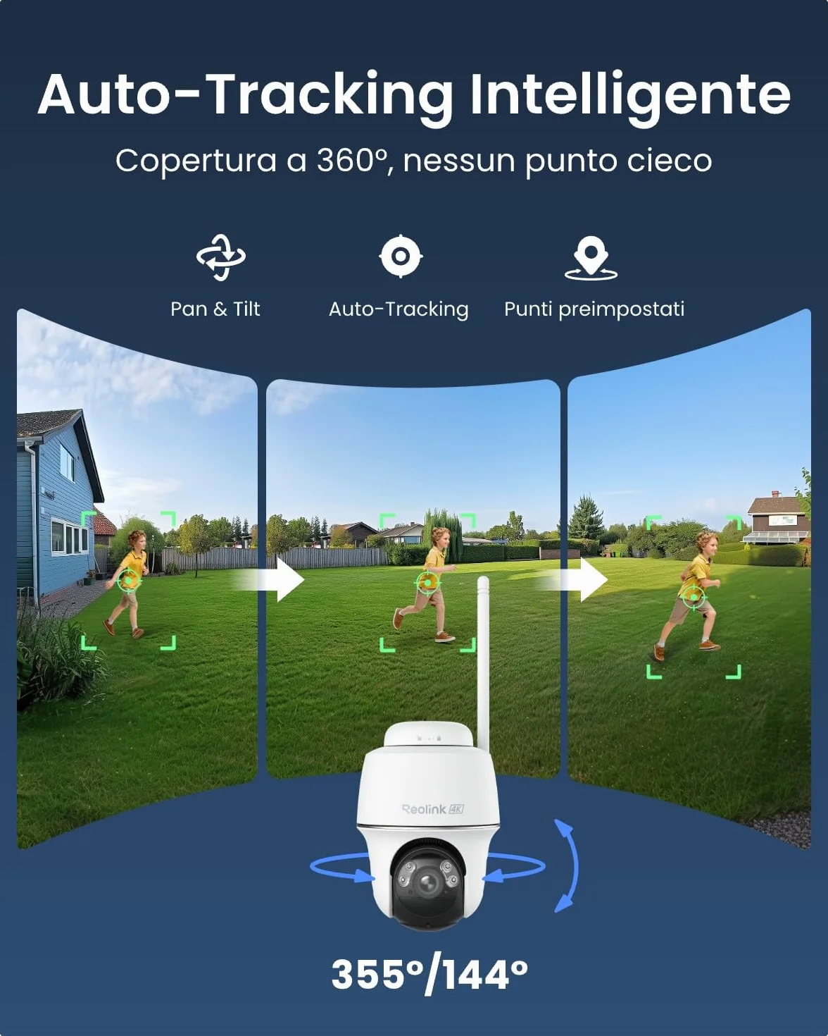 Reolink 4K Telecamera Wi-Fi Esterno con Batteria e Pannello Solare, 360° PTZ Senza Fili, 2,4/5 GHz WiFi, Rilevamento Uomo/Auto/Animale, 8MP Visione Notturna a Colori, Sirena/SD/Cloud, Argus PT Ultra