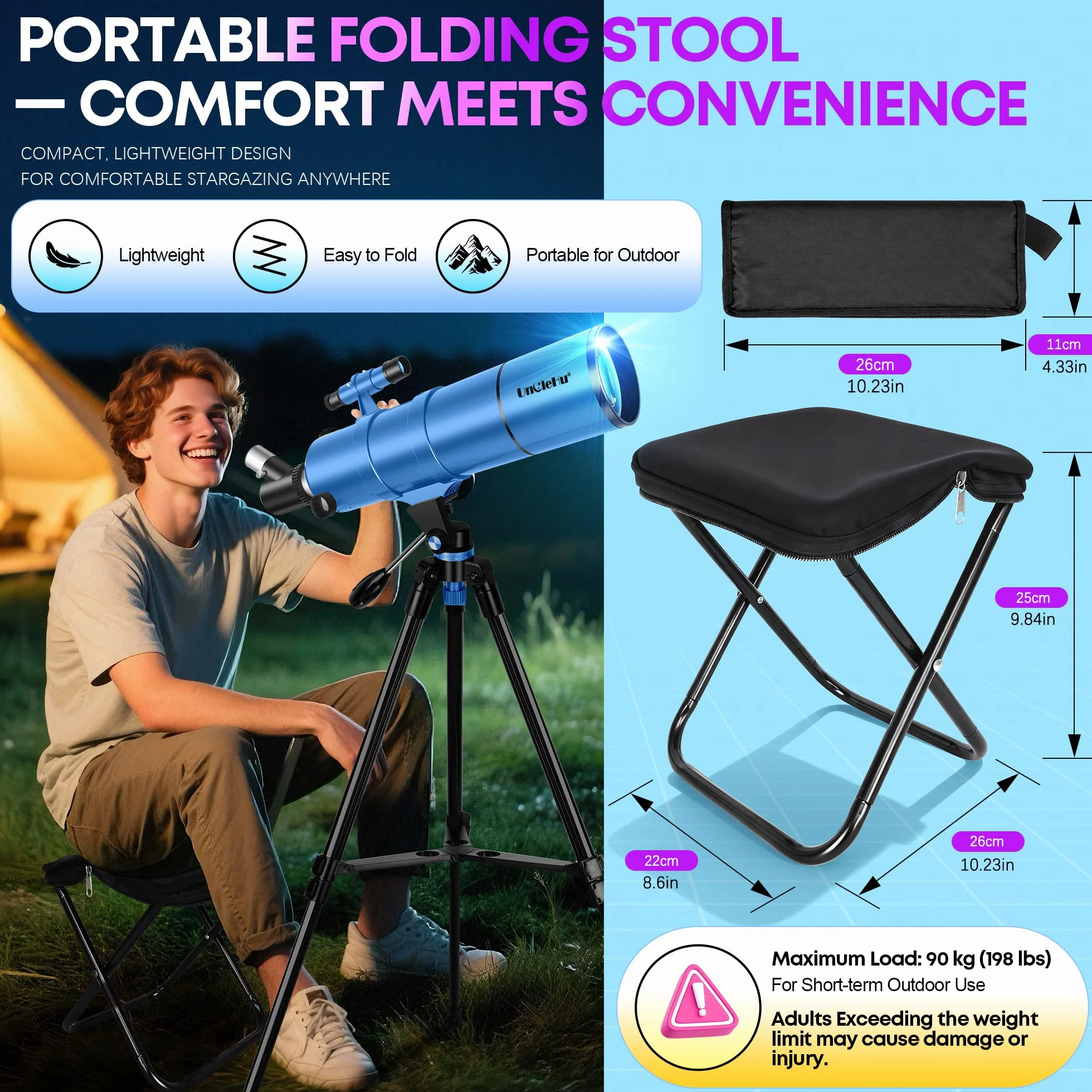 UncleHu Telescopio Astronomico Per Adulti E Bambini Principianti, 22X-165X, Telescopio Riffrattore Astronomico 90/550mm Con Sgabello Pieghevole&Treppiede&Adattatore Per Smartphone E Borsa Da Trasporto