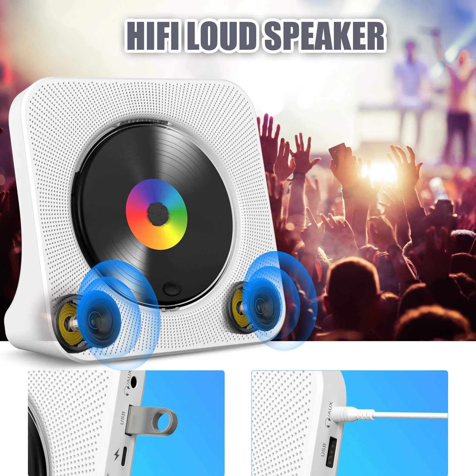Lettore CD Desktop Bluetooth Gueray Montabile a Parete Altoparlanti HiFi Display LED Radio FM USB MP3 Tipo C (Bianco)