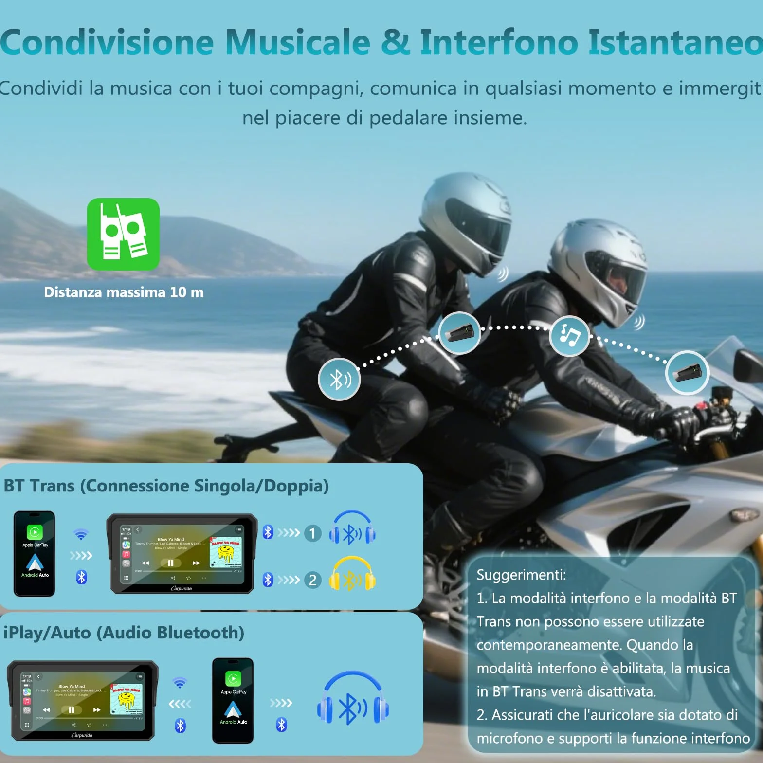 Carpuride W602S Pro Moto Carplay Schermo con BM05 per Plug-and-Play, Senza Fili CarPlay e Android Auto, 6,25" Impermeabile Touchscreen, OTA, Doppio Bluetooth, Interfono Funzione, Cablato Controller.