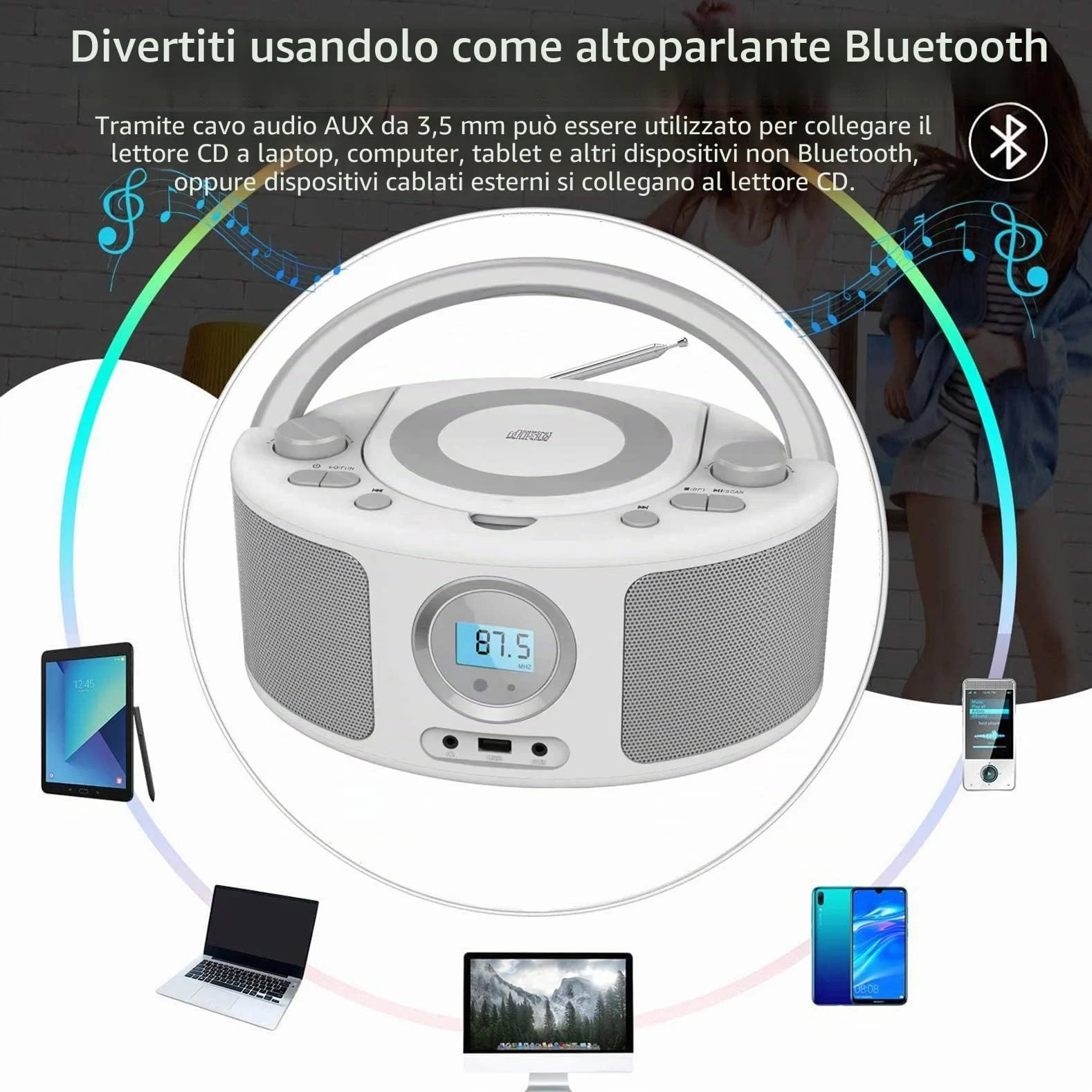 Radio Portatili Boombox con Bluetooth, Telecomando, Lettore CD Stereo con Radio FM, Ingresso Blue Tooth, USB, AUX-IN,Compatibile CD-R/CD-RW,AC o Alimentato a Batteria