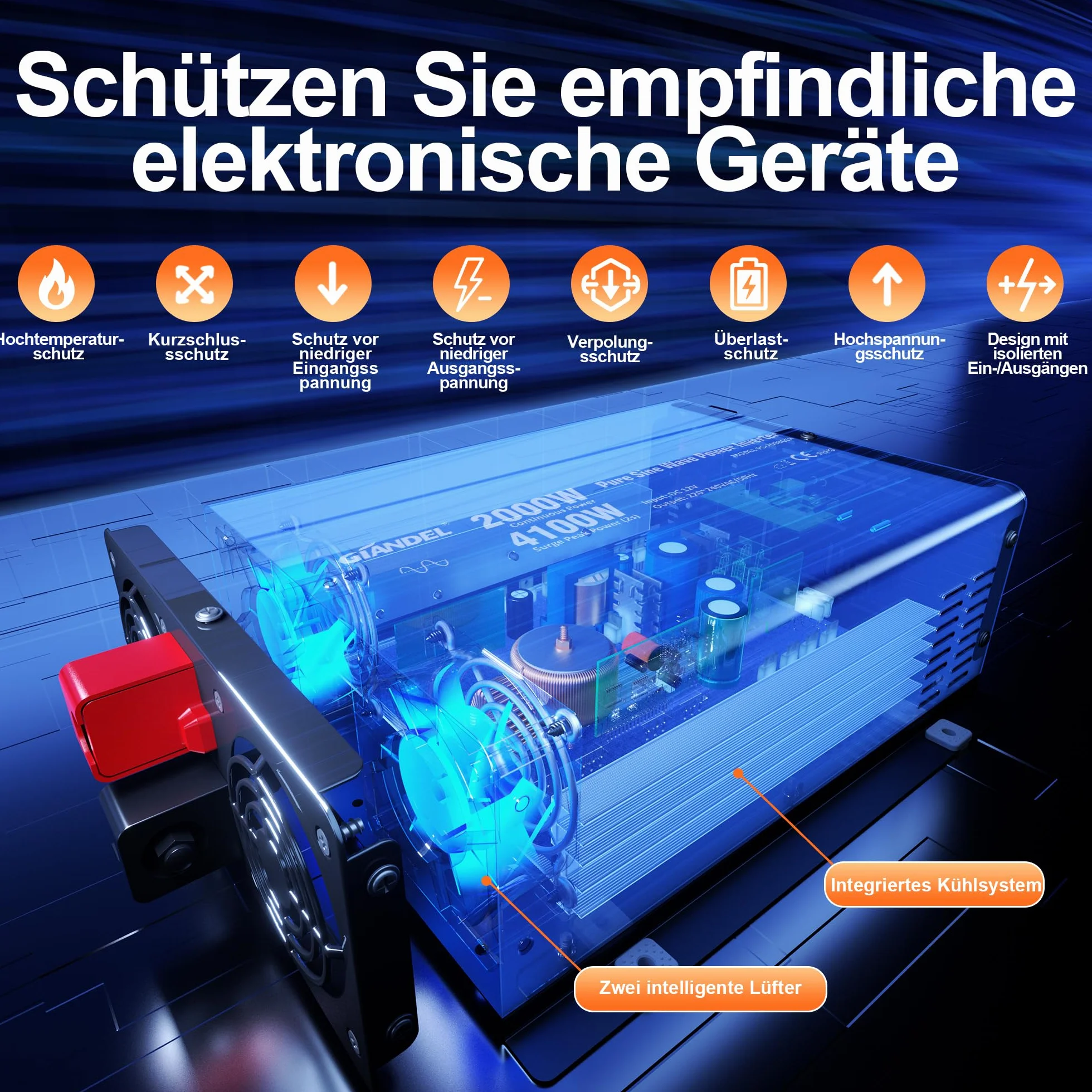 GIANDEL Inverter da 2000 W, 12 V a 230 V, inverter sinusoidale puro, 4100 W, potenza di picco, convertitore di tensione con telecomando LCD, tensione di ingresso regolabile per elettrodomestici