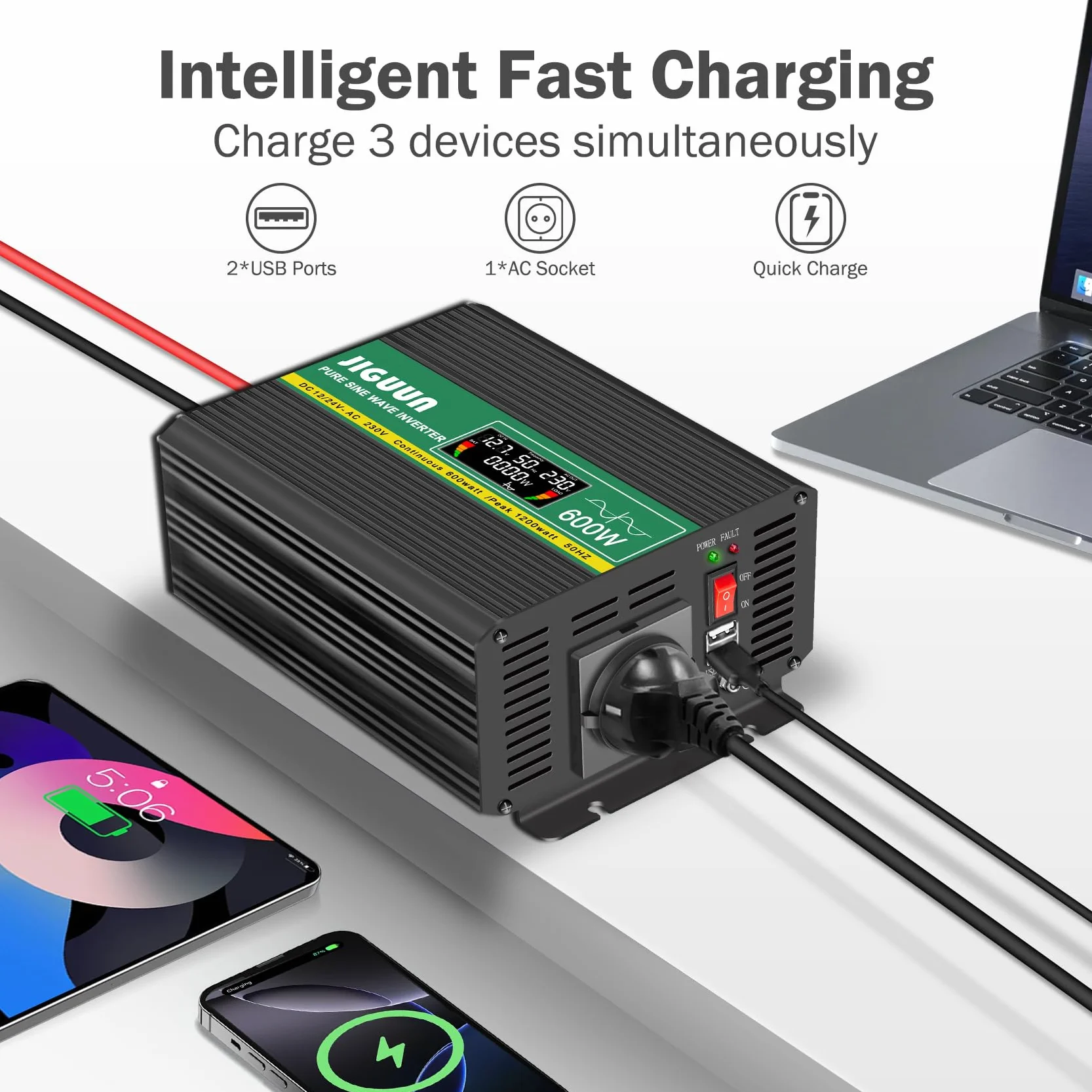 JIGUUN 600W inverter 12V/24V 220V onda pura Trasformatore con 1 prese EU e 2 porta USB 2.4A Telecomando senza fili e display LCD Potenza di picco 1200W per camion camper emergenza