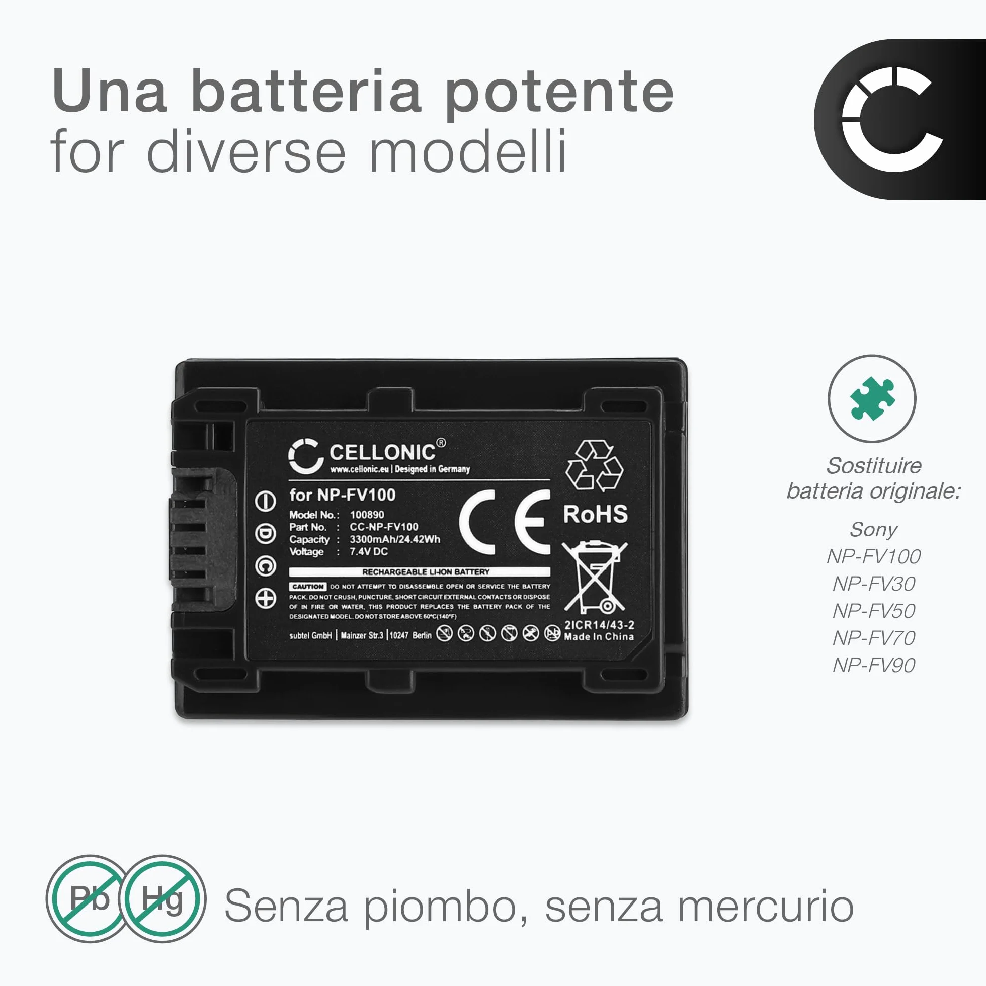 CELLONIC 1x Batteria per Fotocamera Compatibile con Sony FDR-AX33, HDR-CX250, HDR-CX270, NP-FV70 – (3300mAh, 7.4V)