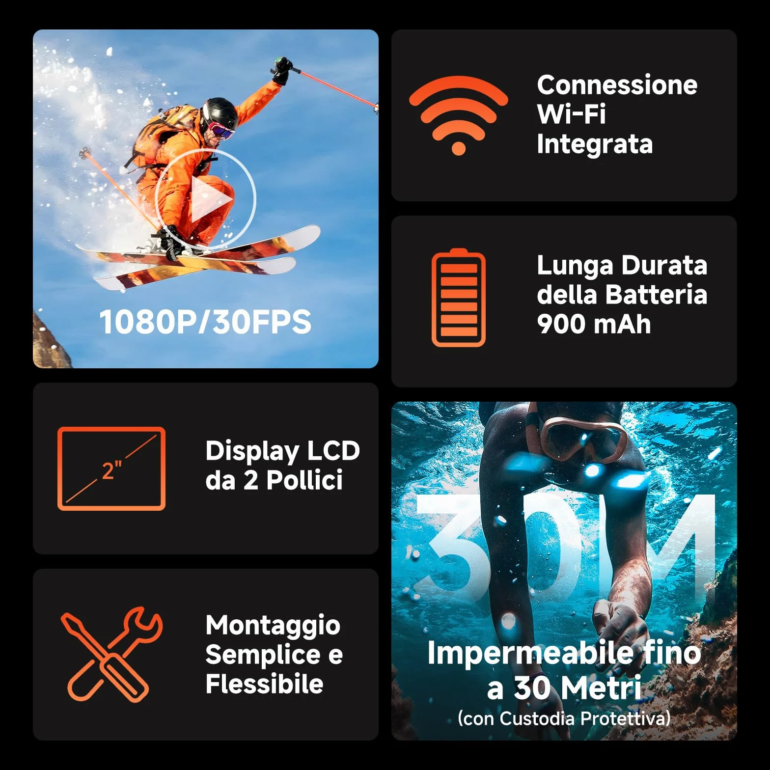 Rollei Actioncam 372 - Action-Camcorder con risoluzione video Full HD da 1080p/30 fps, Obiettivo grandangolare, impermeabile fino a 30 m, incl. custodia subacquea - Nero
