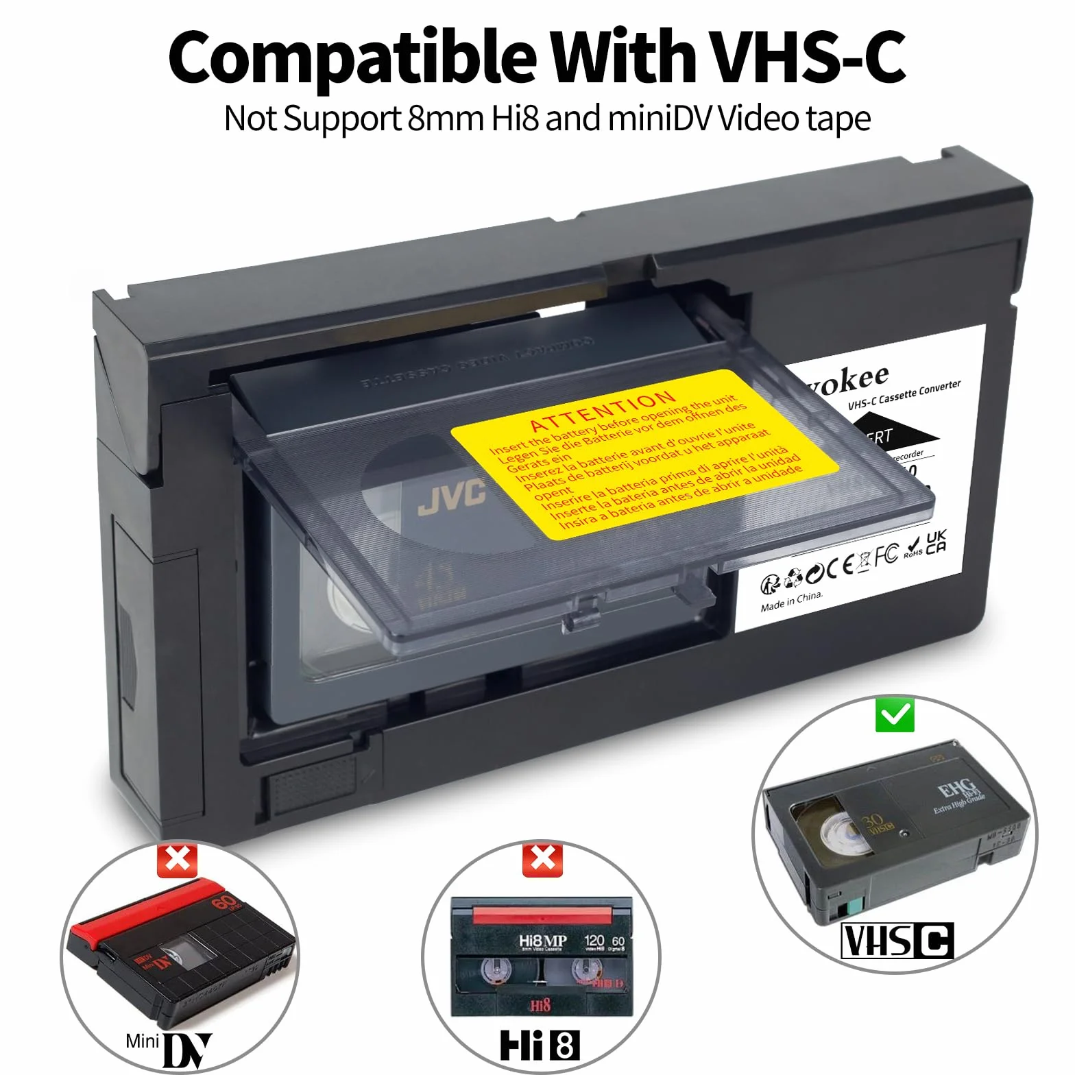 Adattatore per Cassette VHS-C Compatibile con videocamere VHS-C SVHS JVC RCA Panasonic convertitore di Cassette VHS motorizzato (Non Compatibile con 8mm / MiniDV / Hi8)