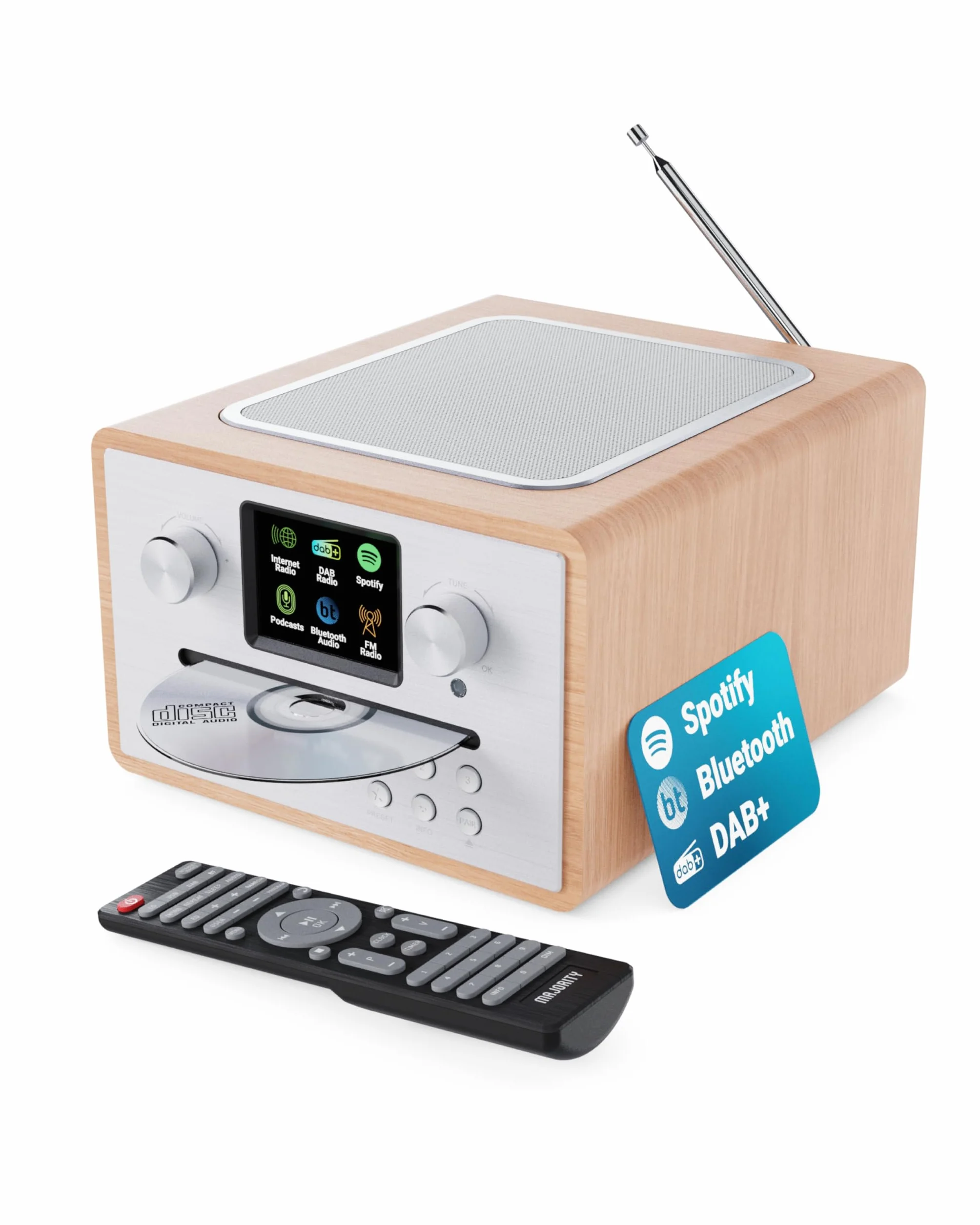 Majority Homerton 2 Internet, DAB, radio FM e lettore CD | 40 preset radio | Plug and Play universale | Spotify & Podcast | Radio Dab con Bluetooth, radio Wi-Fi, radio Internet | Oak