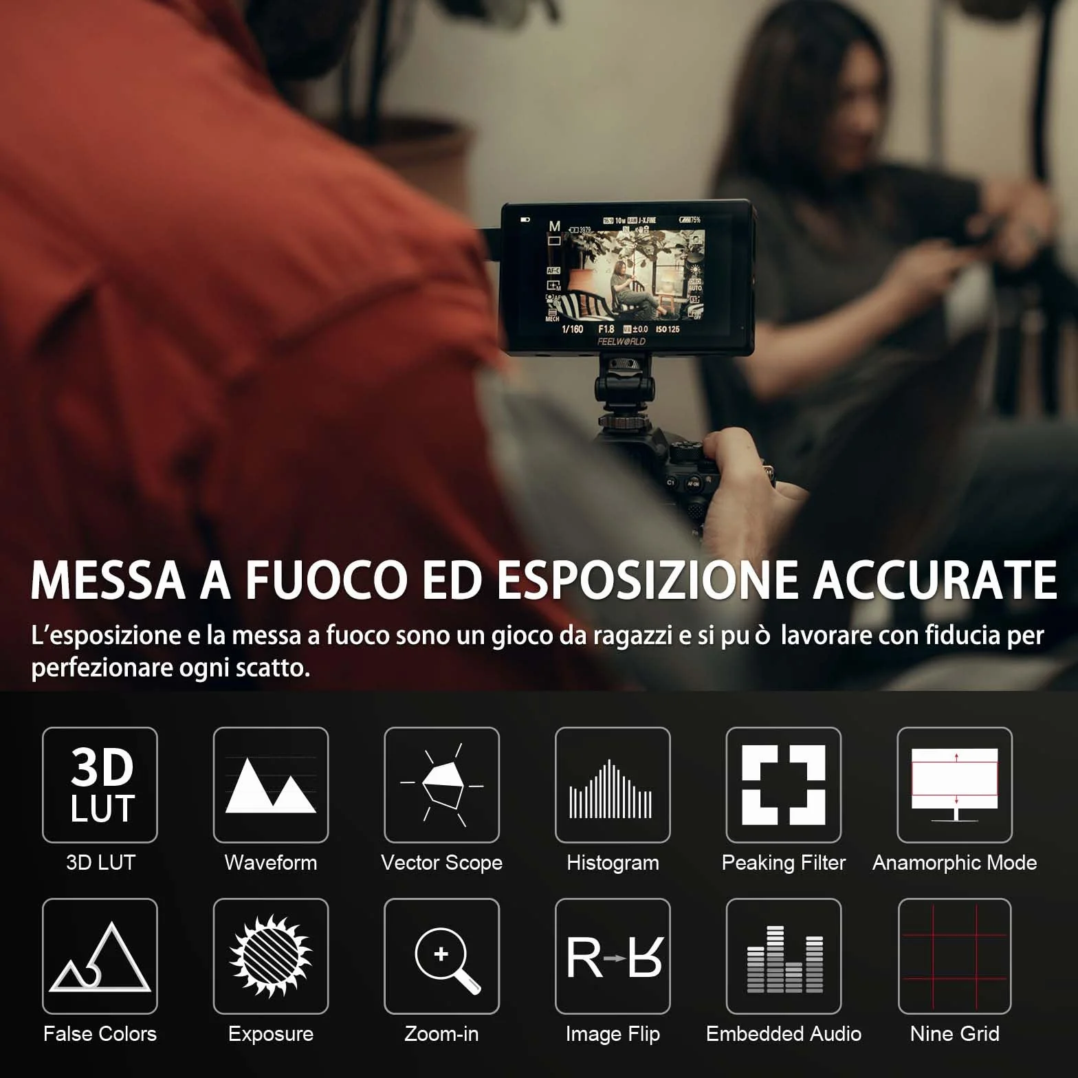 FEELWORLD LUT5 5.5" Ultra Bright 3000nit Touchscreen DSLR Live Monitor con alimentazione esterna F970 e kit di montaggio 4K HDMI Input Output 1920X1080 IPS Panel