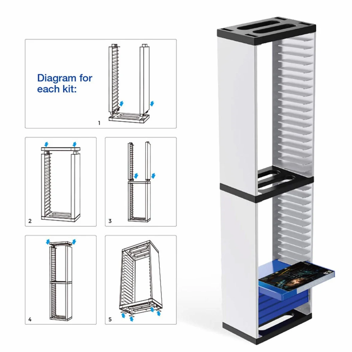 Rack per dischi PS5, ABS, Bianco e Nero, 1 ripiano, Storage per PS5