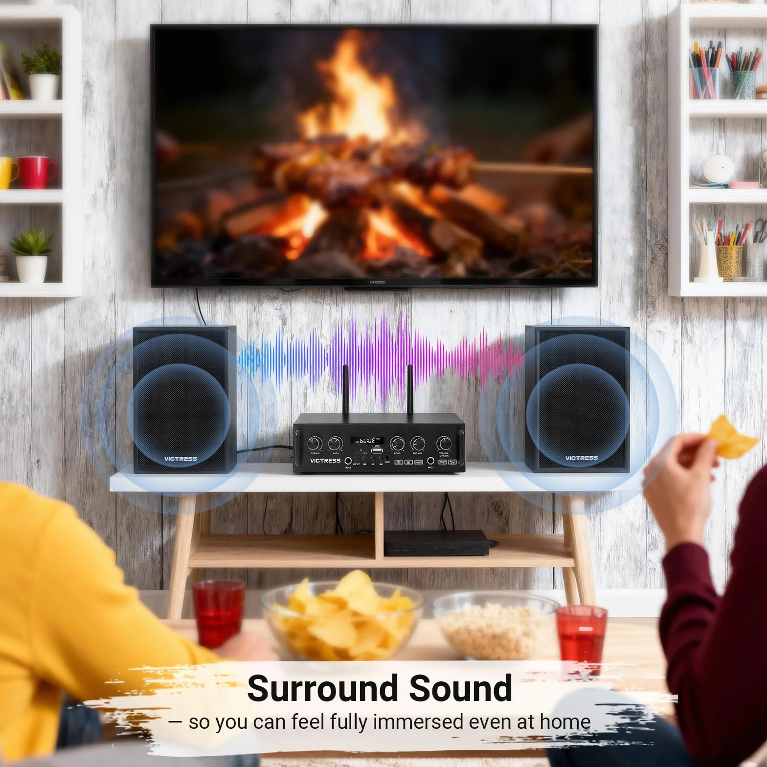 Ricevitori e amplificatore audio domestico all-in-one con altoparlante HiFi professionale e doppi microfoni wireless UHF, set di amplificatori stereo Bluetooth 5.0 per casa/festa/musica, USB/TF/AUX