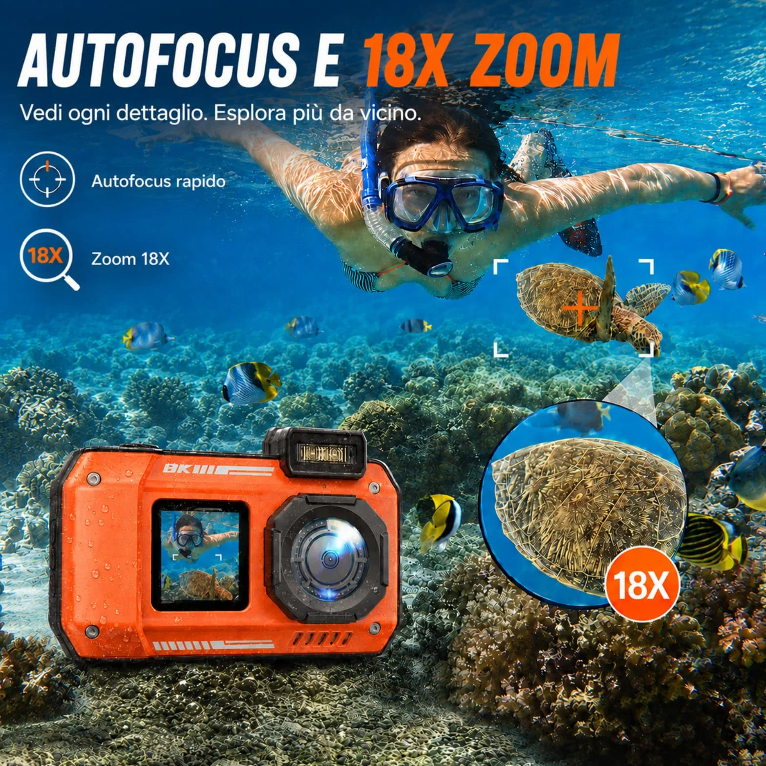 MaxMango D50 33FT Macchina Fotografica Subacquea Impermeabile, 8K 70MP Fotocamera Digitale con 16 GB di Scheda, Doppio Schermo 2.8'' per Selfie, 18x Zoom, Resistente a Polvere e Urti per Snorkeling