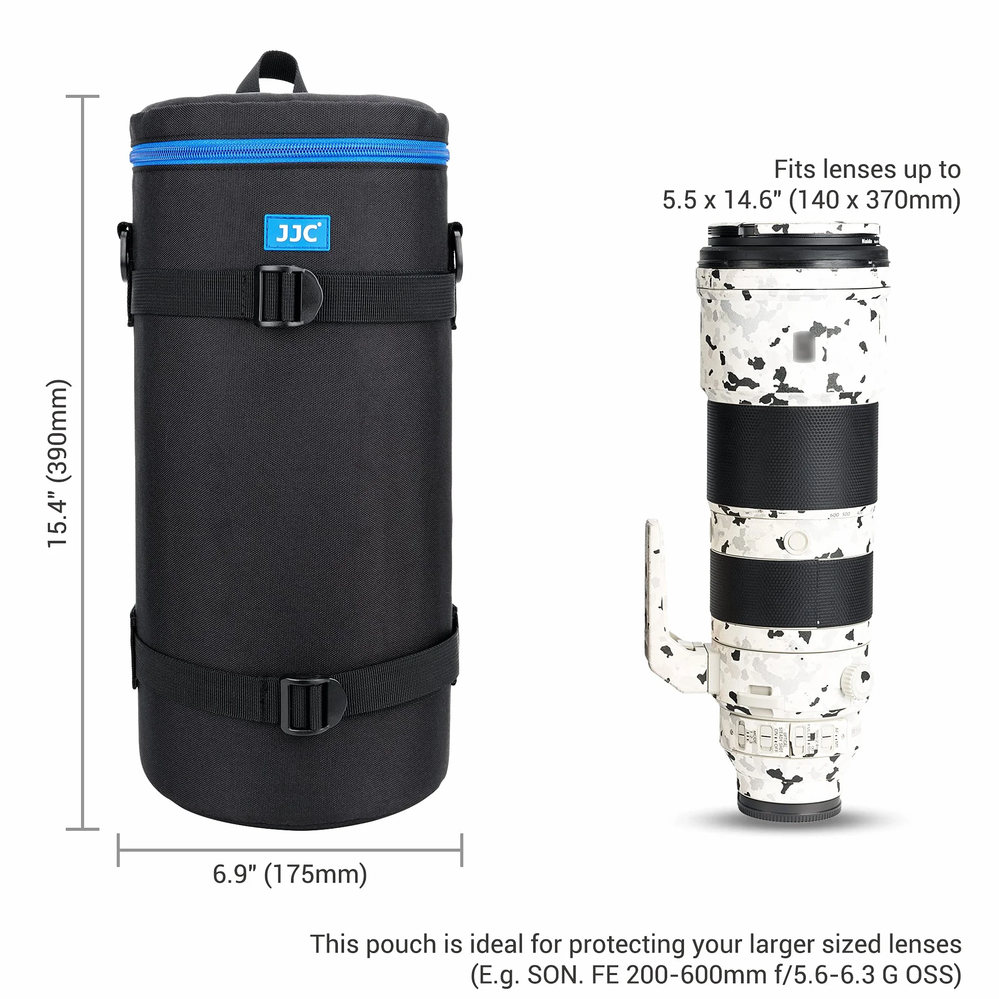 JJC Custodia per obiettivo Deluxe per Sony FE 200-600 mm F5,6-6,3G OSS, accessori per lenti impermeabili, custodia protettiva con tracolla e cuscino rimovibile, dimensioni interne 5,5 pollici x 14,5