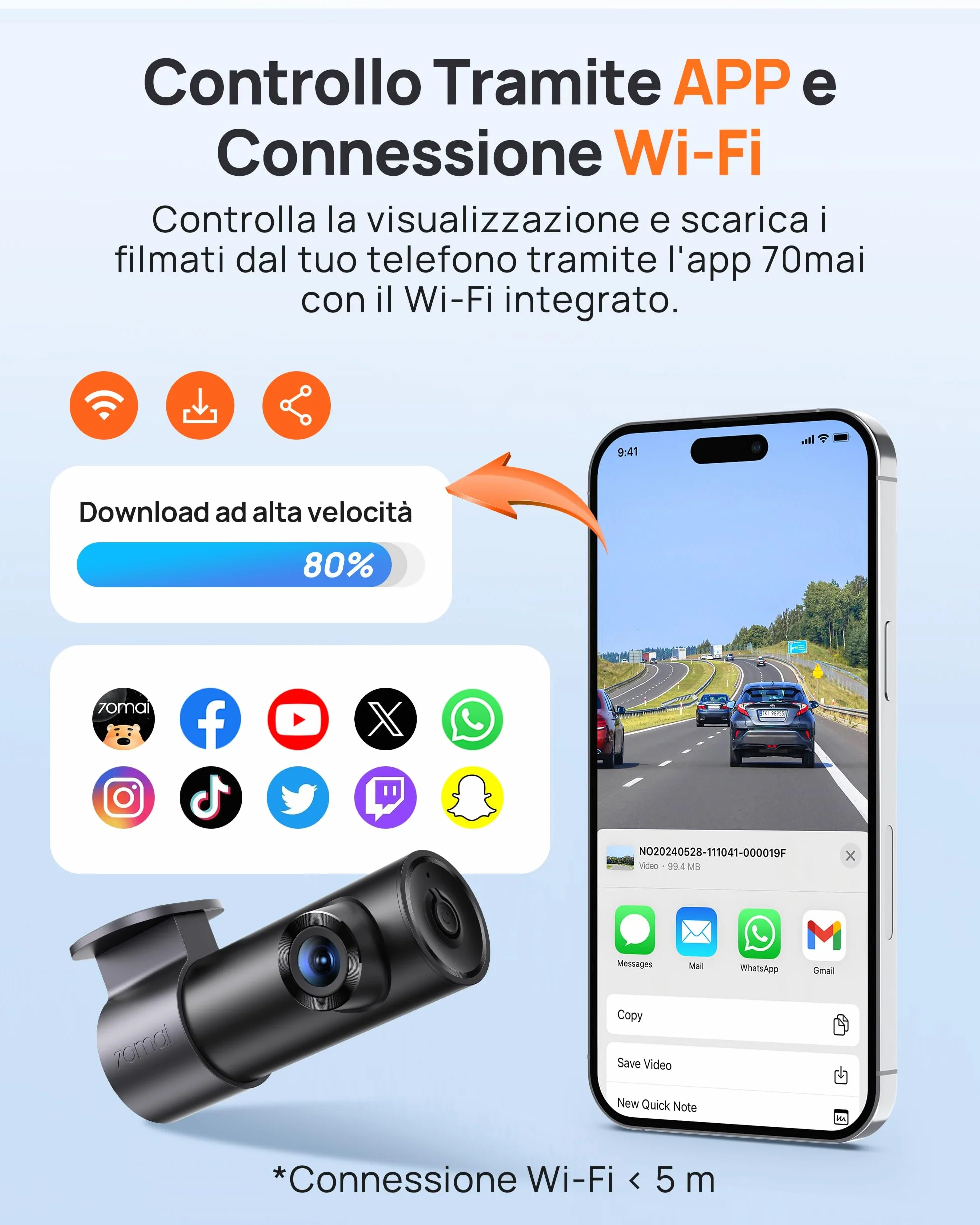 70mai Dash Cam M310 Plus 3K 1620P, WiFi, Visione Notturna, Registrazione Time-lapse, WDR, Modalità Parcheggio, Max 256 GB