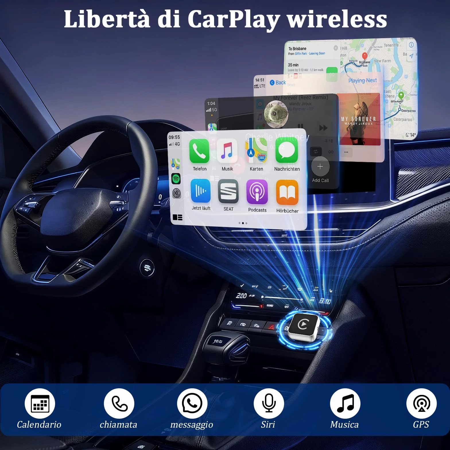 Adattatore Wireless Android Auto CarPlay 2-in-1 USB Type-C per Apple, Chiavetta Dongle Compatibile con iPhone iOS 10+ e Android 11+, Argento