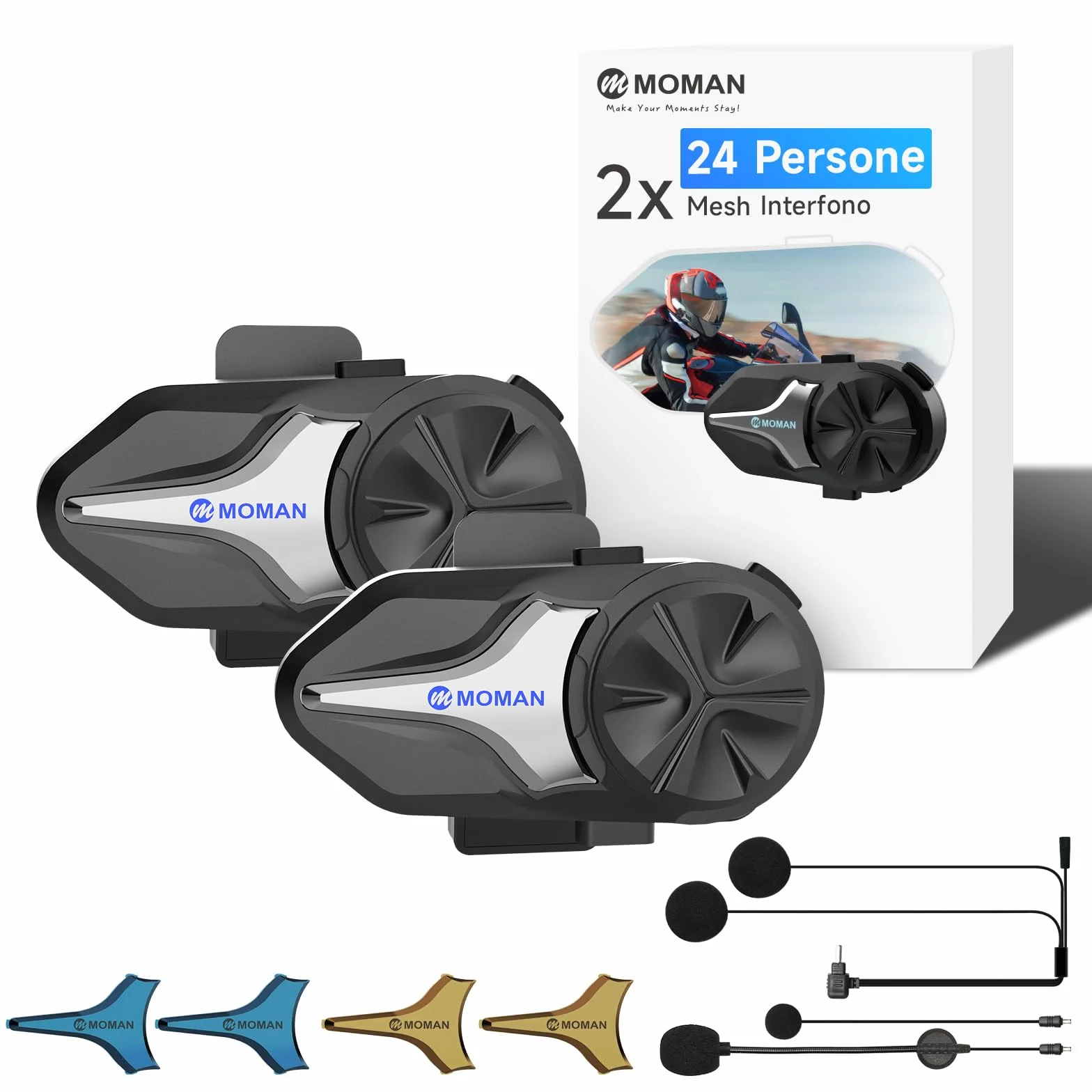 Moman CPX Mesh Interfono Moto - 24 Persone Due Modalità, Auricolare Casco Moto 2000M Sistema di Comunicazione, Audio Multitasking BT 5.4 Quad Riduzione del Rumore AI Hi-Fi Stereo/Impermeabile, Doppio