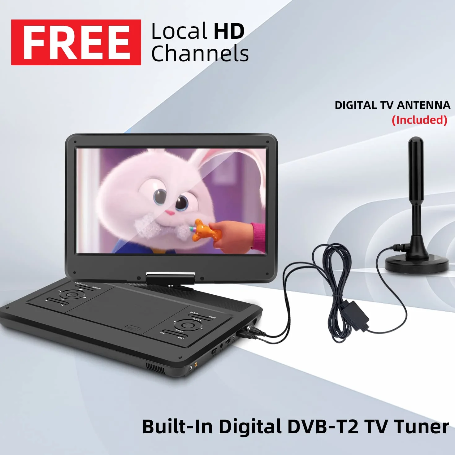 KCR Lettore DVD portatile 14,0 pollici con HD e USB/HDMI/AV/Audio, telecomando HEVC Main 10