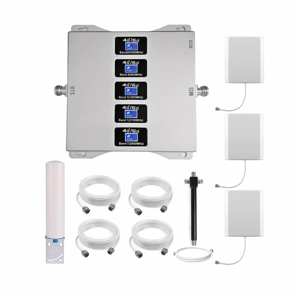 Ripetitore 4G 5G Ripetitore Segnale Cellulare, 5 Bande 800/900/1800/2100/2600MHz, Tre Antenne Interni