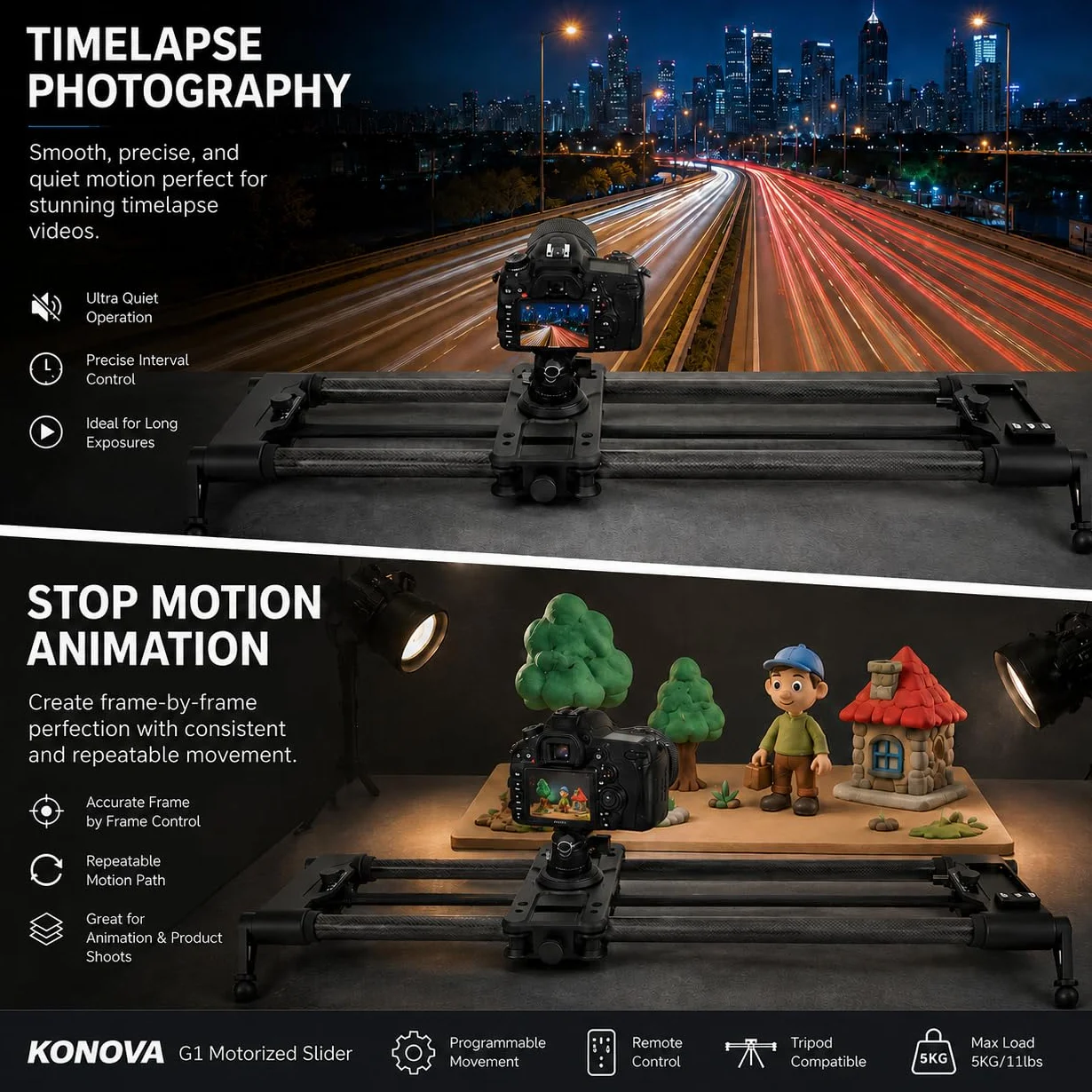 KONOVA G1 Slider Motorizzato per Fotocamera DSLR e Mirrorless, Controllo Bluetooth App, Binario in Fibra di Carbonio, Motion Control per Time Lapse, Stop Motion, Tracking e Panorama (100cm)
