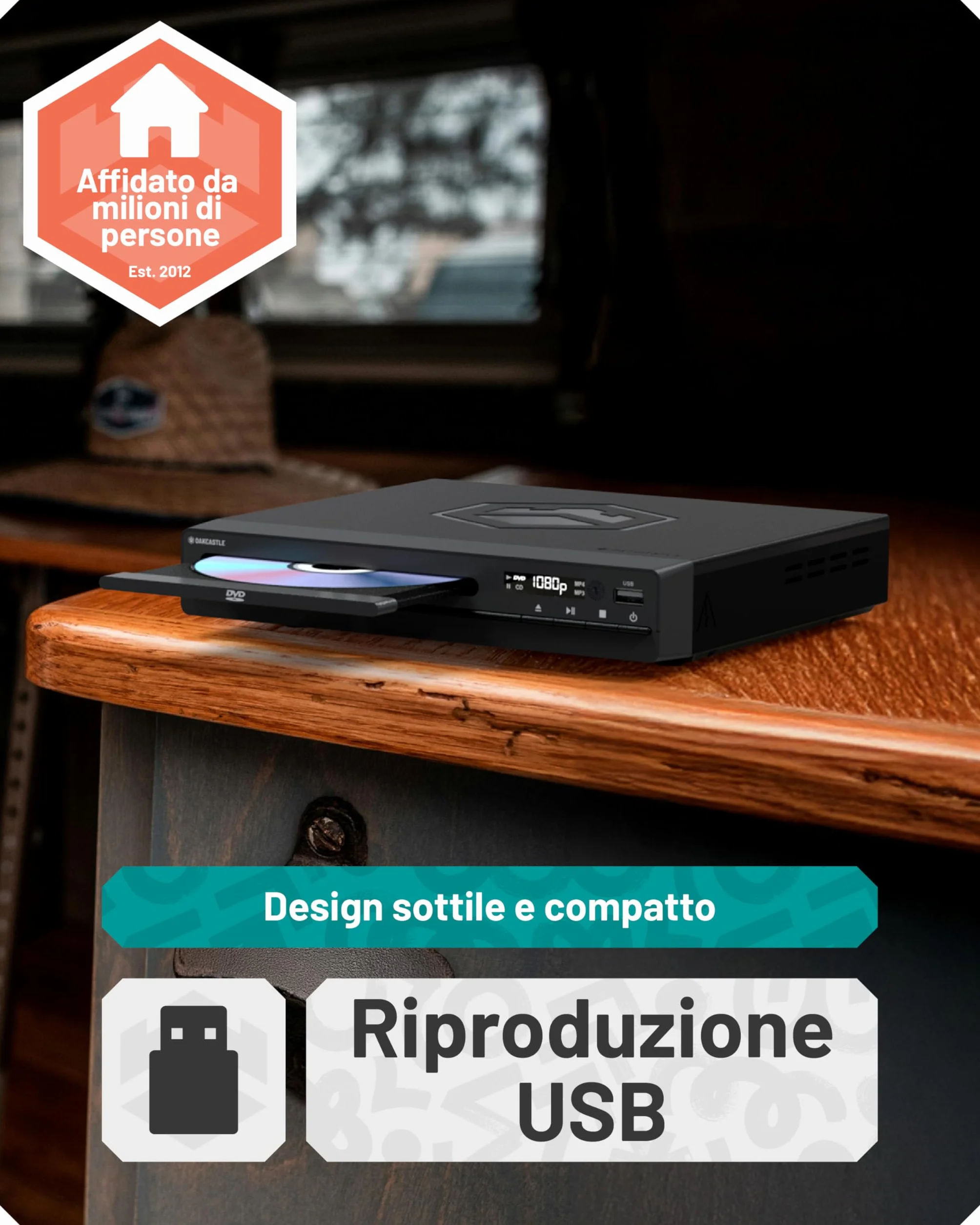 Lettore DVD per TV HDMI | DVD Player con Riproduzione di Dischi Multi Regione | Lettori per TV 1080 HD con Connettività HDMI RCA e AV | Riproduzione USB & MP3 | Oakcastle DVD100