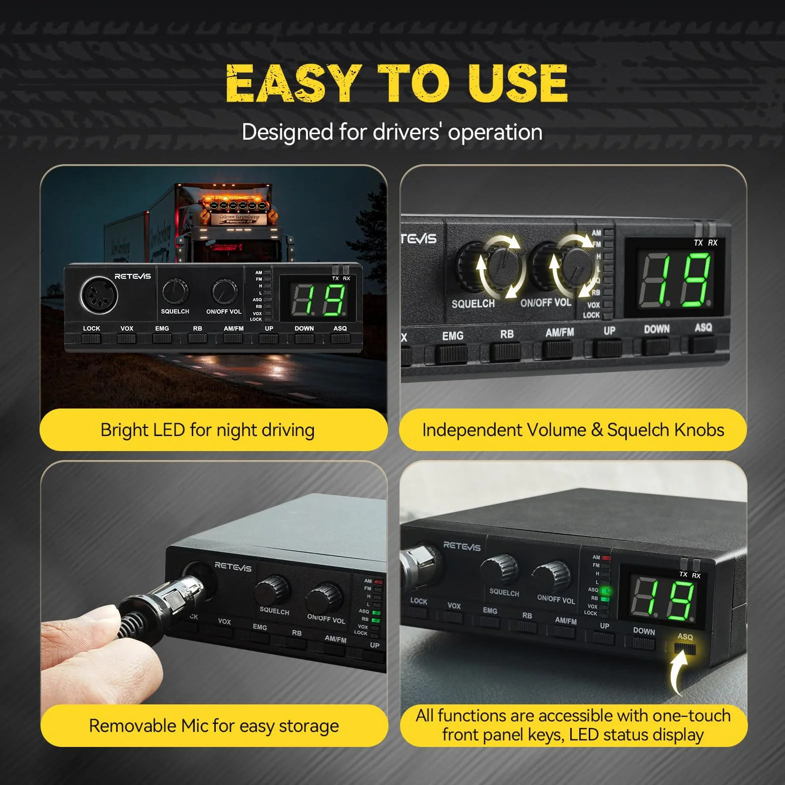 Retevis MB62 CB Radio, CB con Antenna ad Alto Segnale e Altoparlante Esterno, VOX, Riduzione Del Rumore ASQ/SQ, AM/FM, EMG CH9/19, Staffa di Montaggio, Radio Portatile per Camion (1 Pz)