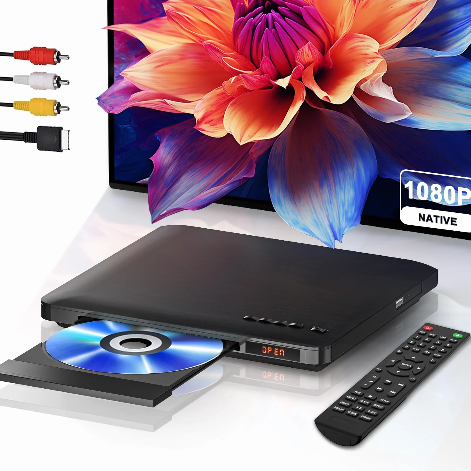 Lettore DVD per TV con uscita HDMI RCA, lettore DVD-CD per tutte le regioni con scalatura, HD 1080P, ingresso USBA, sistema NTSC/PAL integrato. Sistema, cavo HDMI e adattatore in dotazione