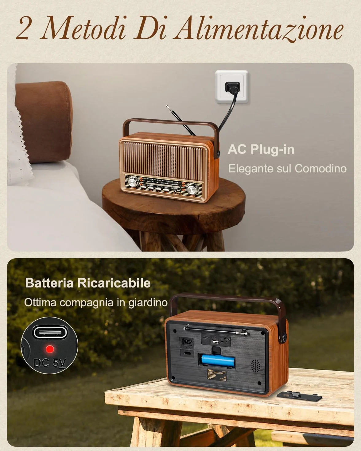 PRUNUS J-120 Radio Portatile Vintage Legno FM/AM/SW Altoparlante Bluetooth Retro Batteria Ricaricabile 1800 mAh