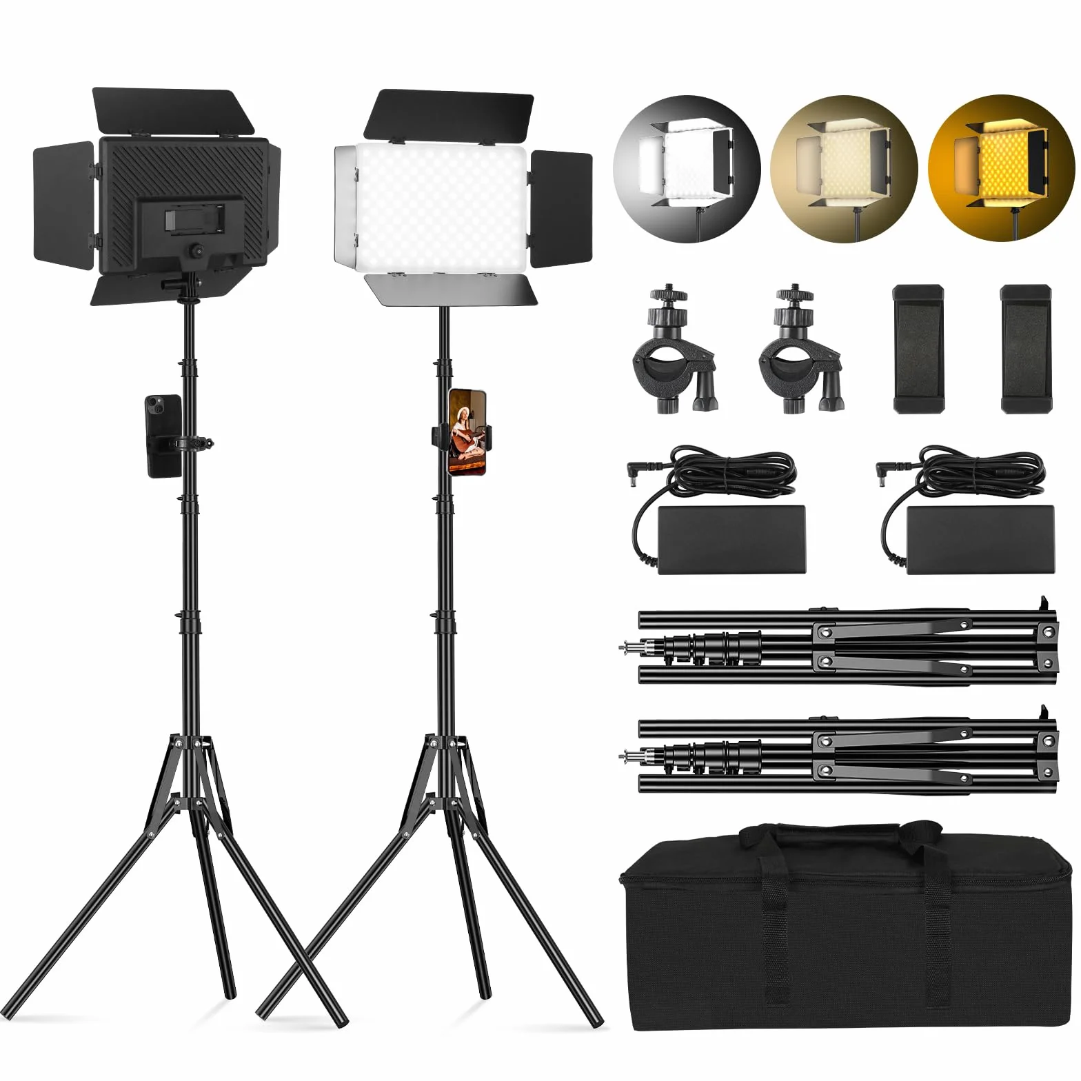 Soonpho 2-Pack LED Photo Video Light Set Pannello Barn Door 2800-6500K Dimmerabile 20W Luce Fotografia Studio Video Illuminazione con 1,6 m Treppiede e supporto per Telefono Cellulare per YouTube