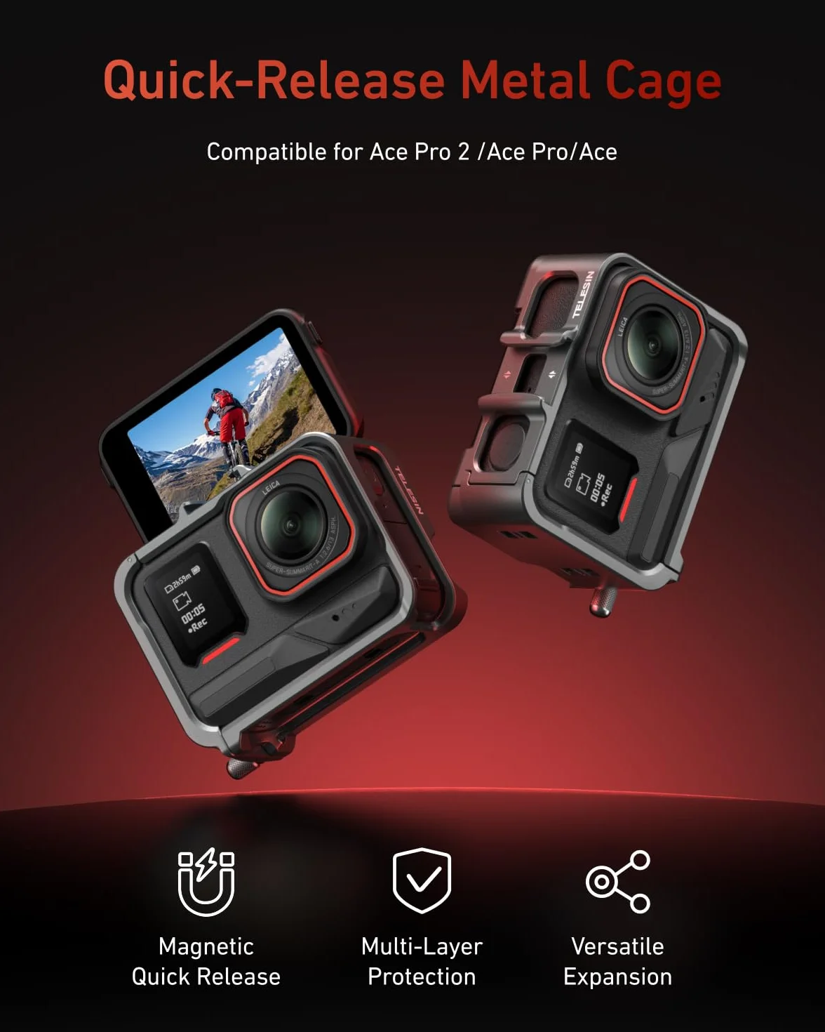 TELESIN Custodia protettiva in lega di alluminio per Insta 360 Ace Pro2/Ace Pro/Ace, custodia protettiva in metallo a sgancio rapido con vite da 1/4 di pollice e slitta per accessori