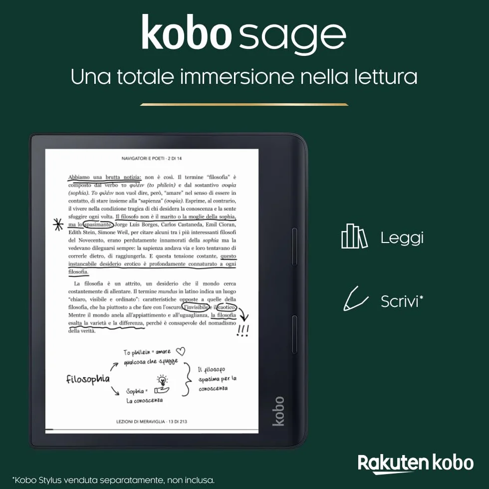 Kobo Sage | eReader | Touchscreen antiriflesso 8" HD | Impermeabile | Luminosità e temperatura colore regolabili | Riduzione luce blu | Bluetooth | WiFi | 32 GB | Tecnologia Carta E Ink