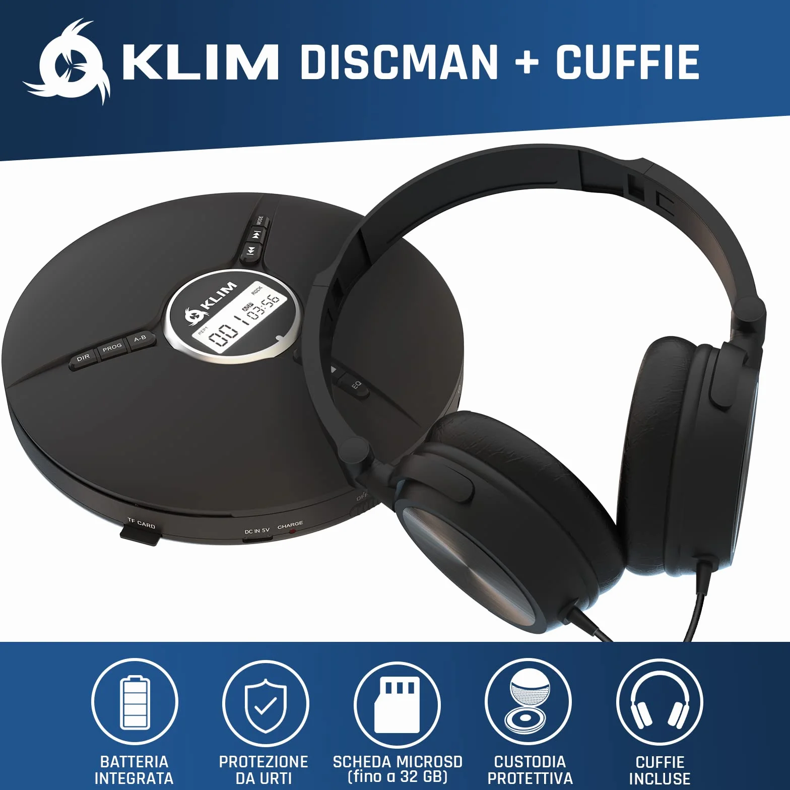 KLIM Discman Lettore CD Portatile con Cuffie e Batteria Ricaricabile CD-R CD-RW MP3